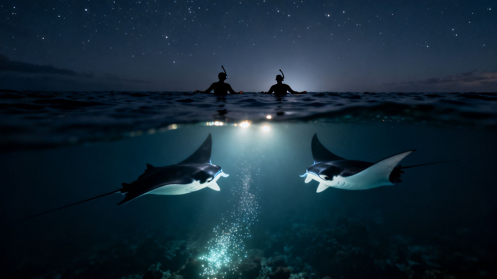 Two snorkelers under a starry night sky observe two manta rays swimming in bioluminescent water.