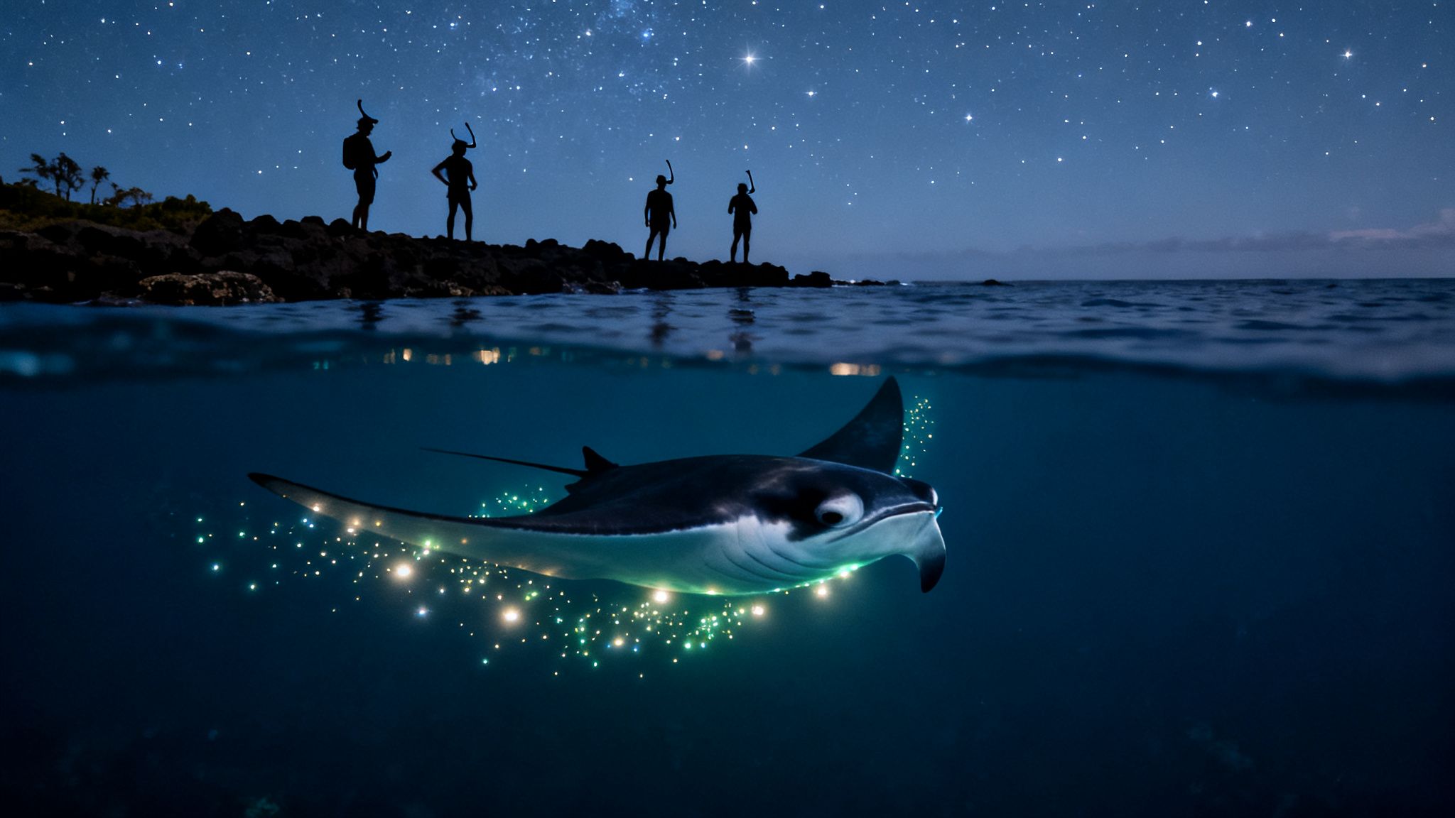 Split image: snorkelers on a starry night shore above, glowing manta ray below water.