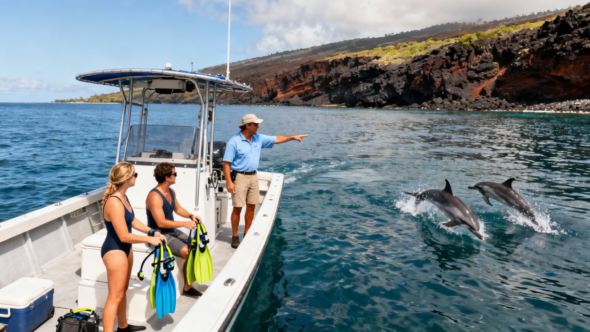 A boat tour guide points at two dolphins jumping near a boat with passengers ready for snorkeling.