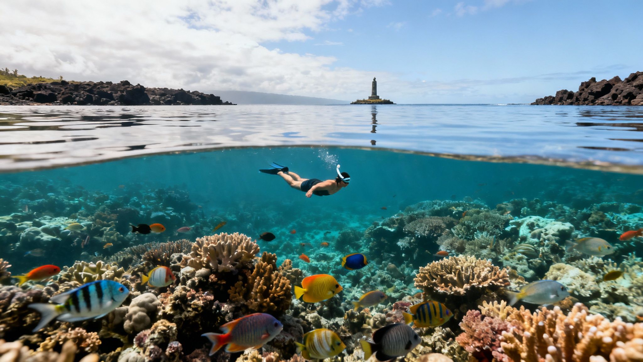 A vibrant split-level view of a person snorkeling over a coral reef with colorful fish and a distant lighthouse.
