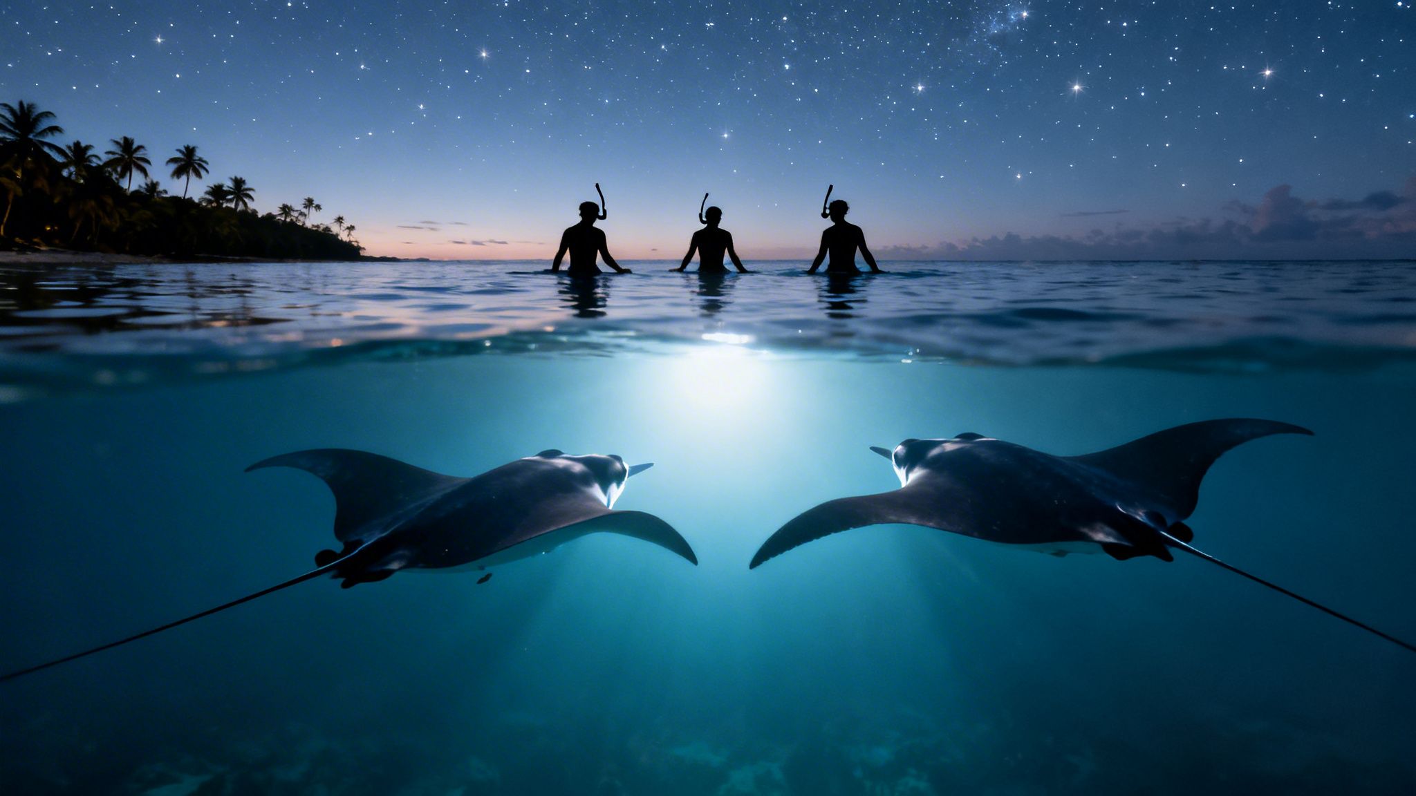 Three snorkelers under a starry night sky above two graceful manta rays swimming underwater near an island.