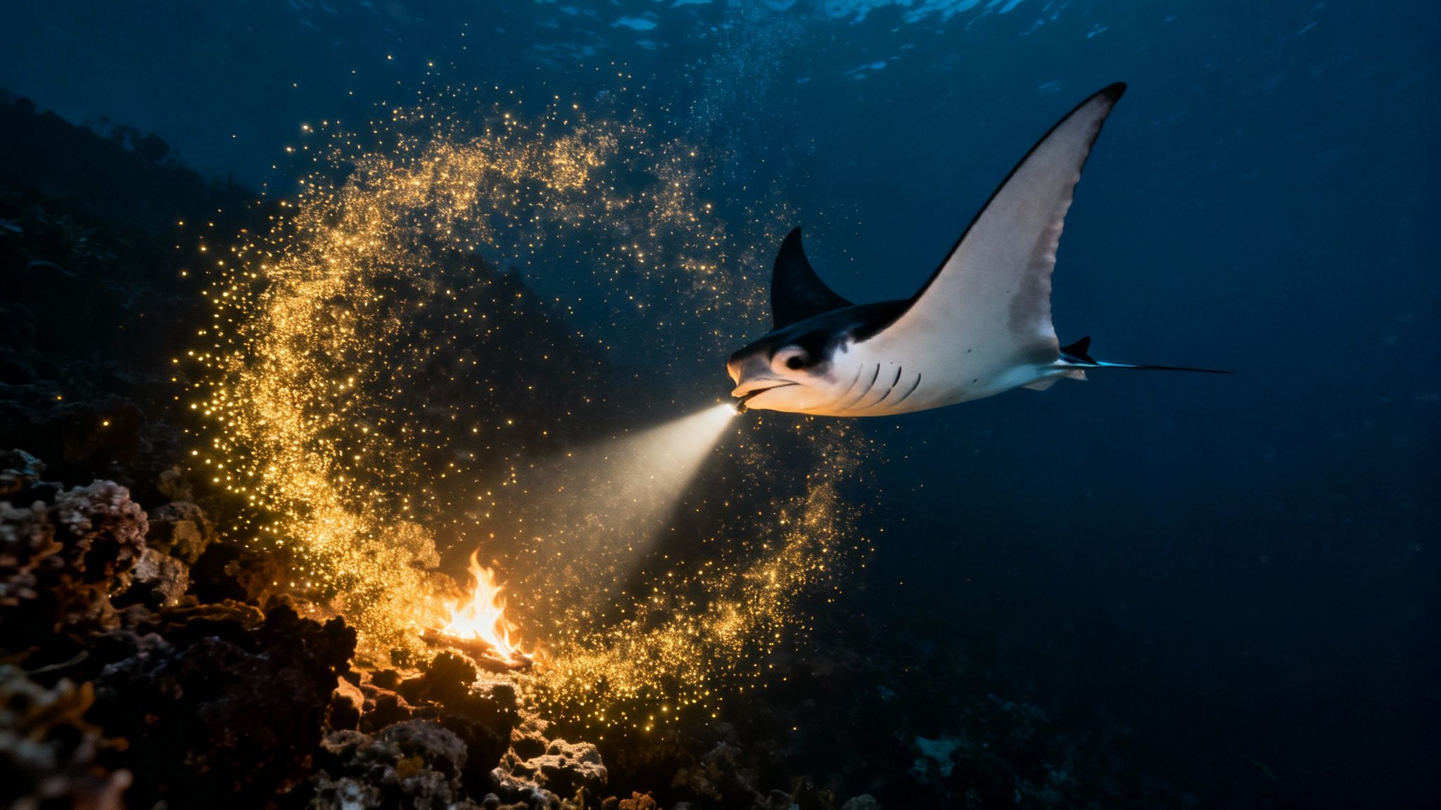 A majestic manta ray with a bright light beam illuminating an underwater fire and golden particles.