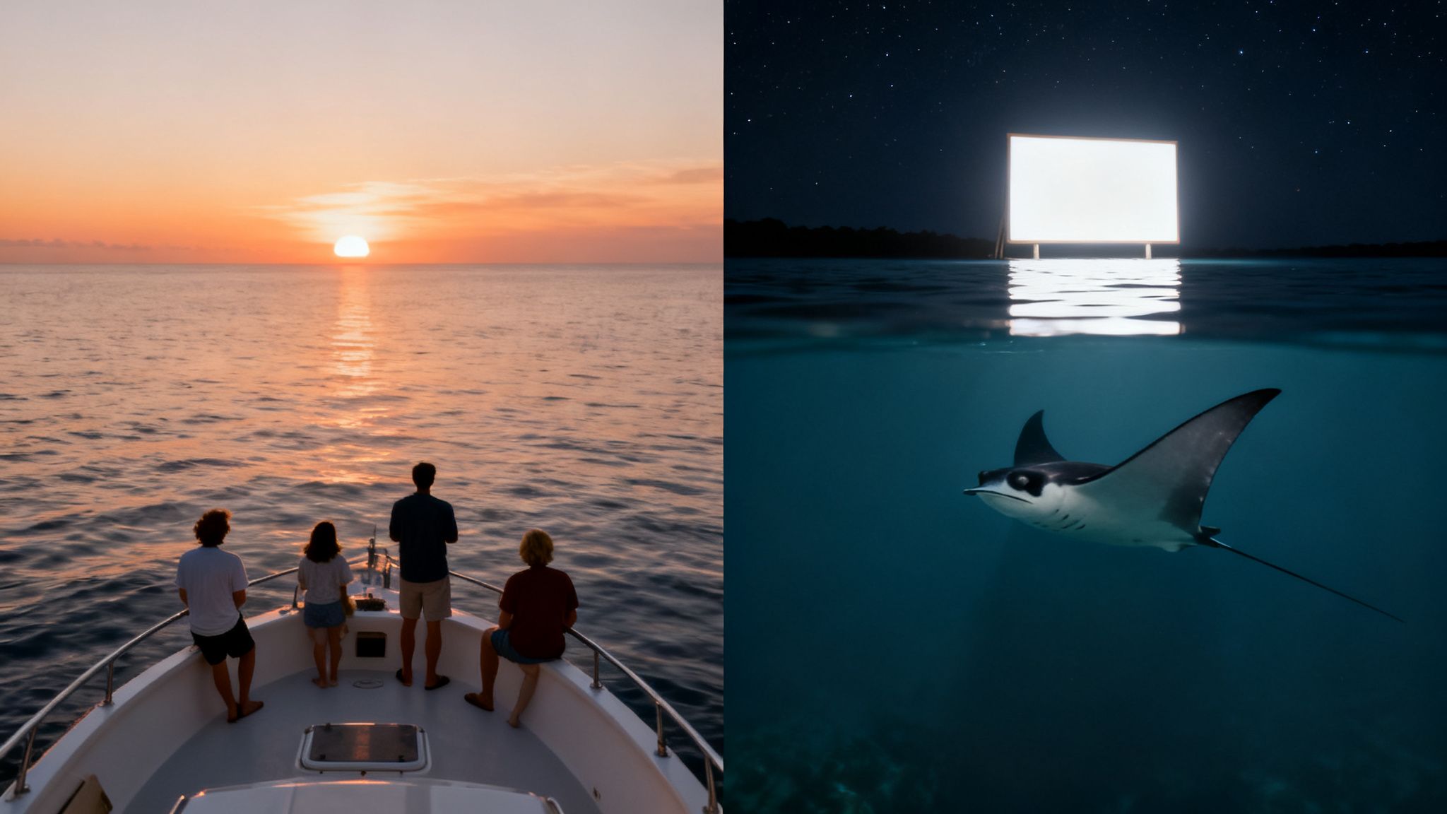 People on a boat enjoy an ocean sunset, while a manta ray swims under a starry night.