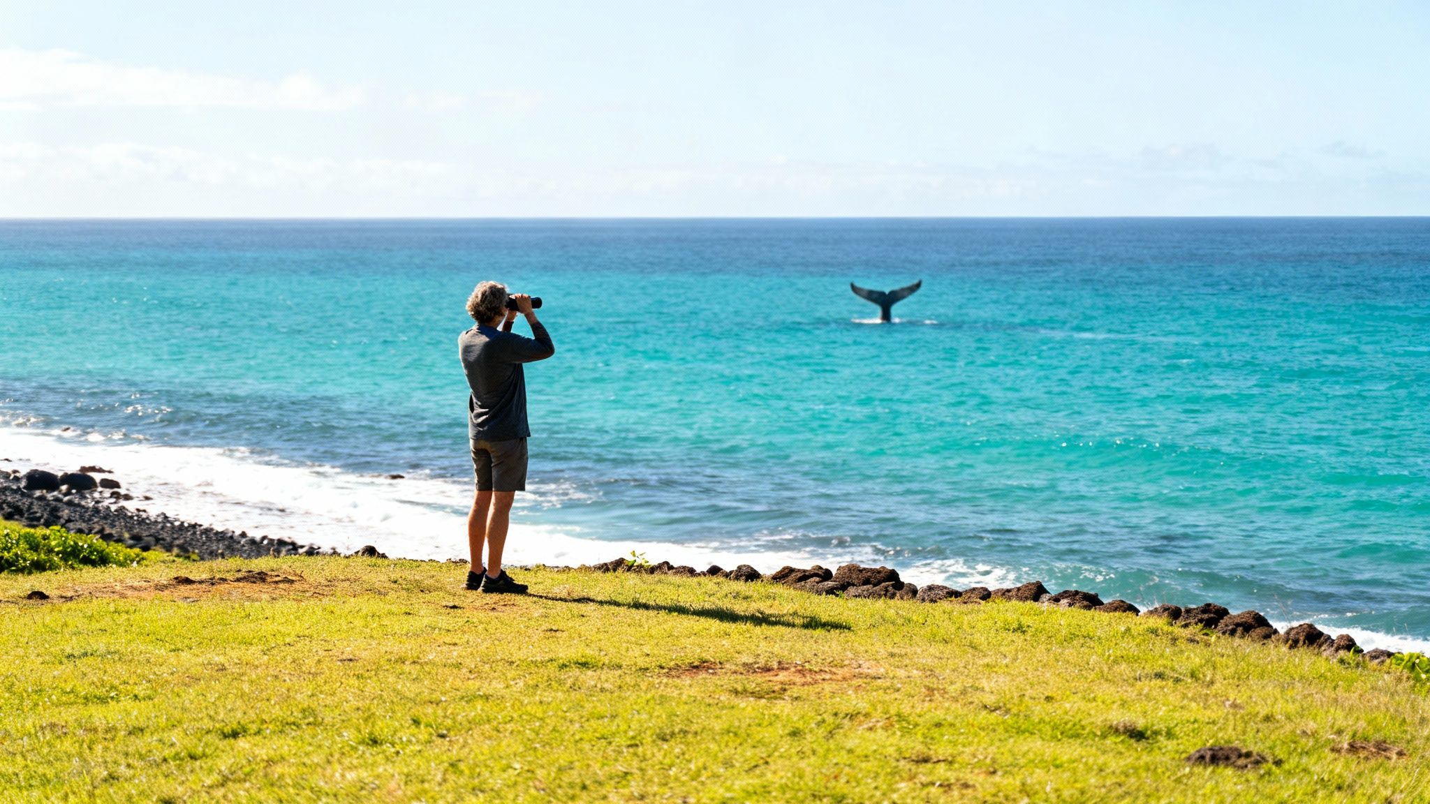 A man on a grassy cliff watches a whale's tail emerging from the blue ocean with binoculars.