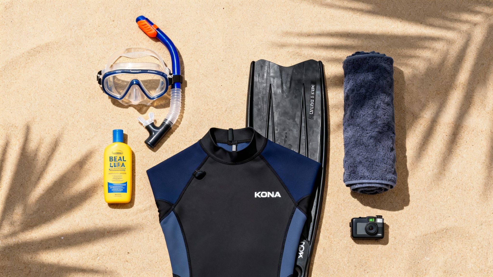 Snorkeling gear, rash guard, sunscreen, towel, and camera laid on a sandy beach.