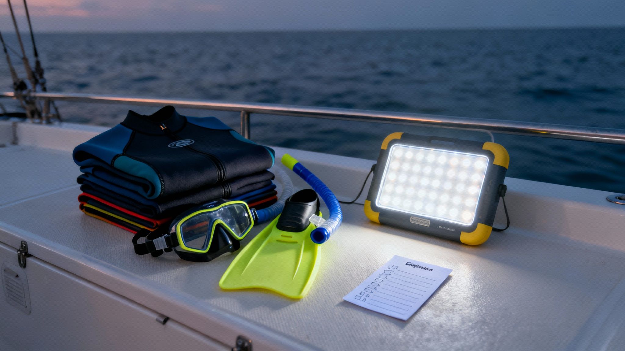 Group of snorkelers holding onto a light board at night, ready for the manta ray snorkel in Kona.