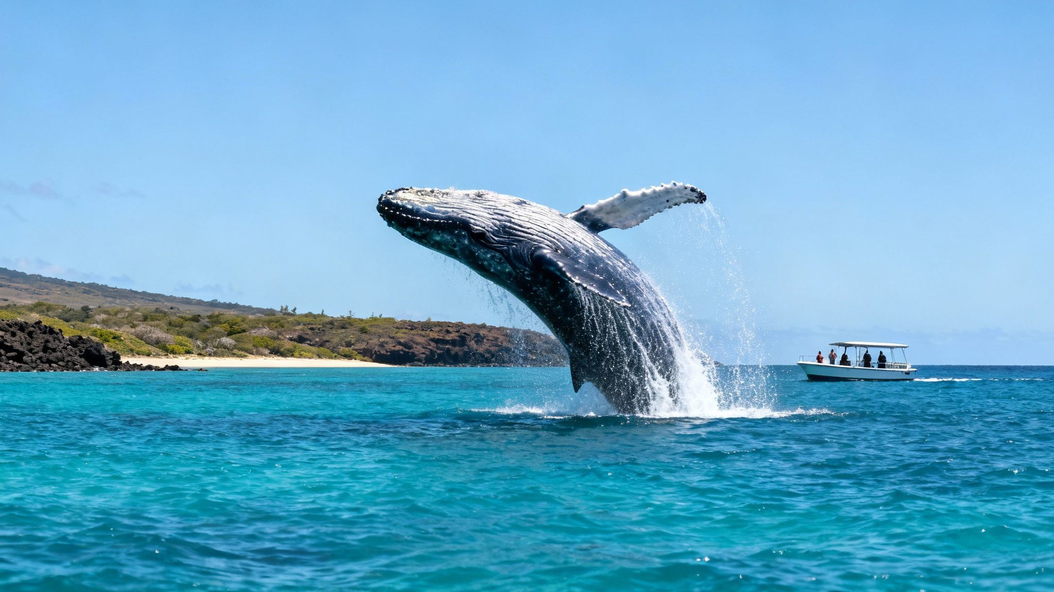 Humpback whale breaching near tour boat in turquoise waters off Kailua Kona Hawaii