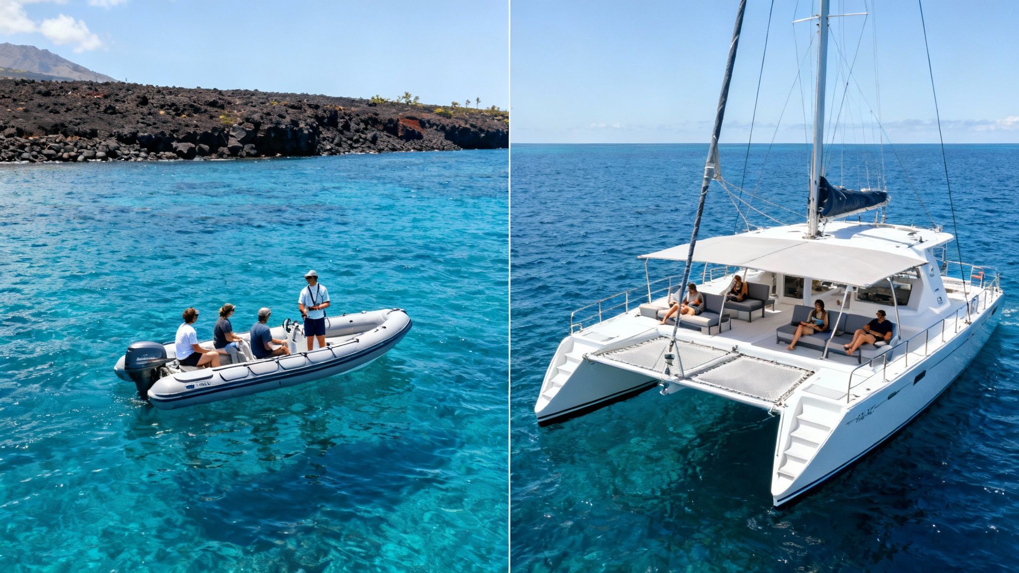Tourists on an inflatable boat explore a volcanic coast, while others relax on a catamaran in clear blue water.