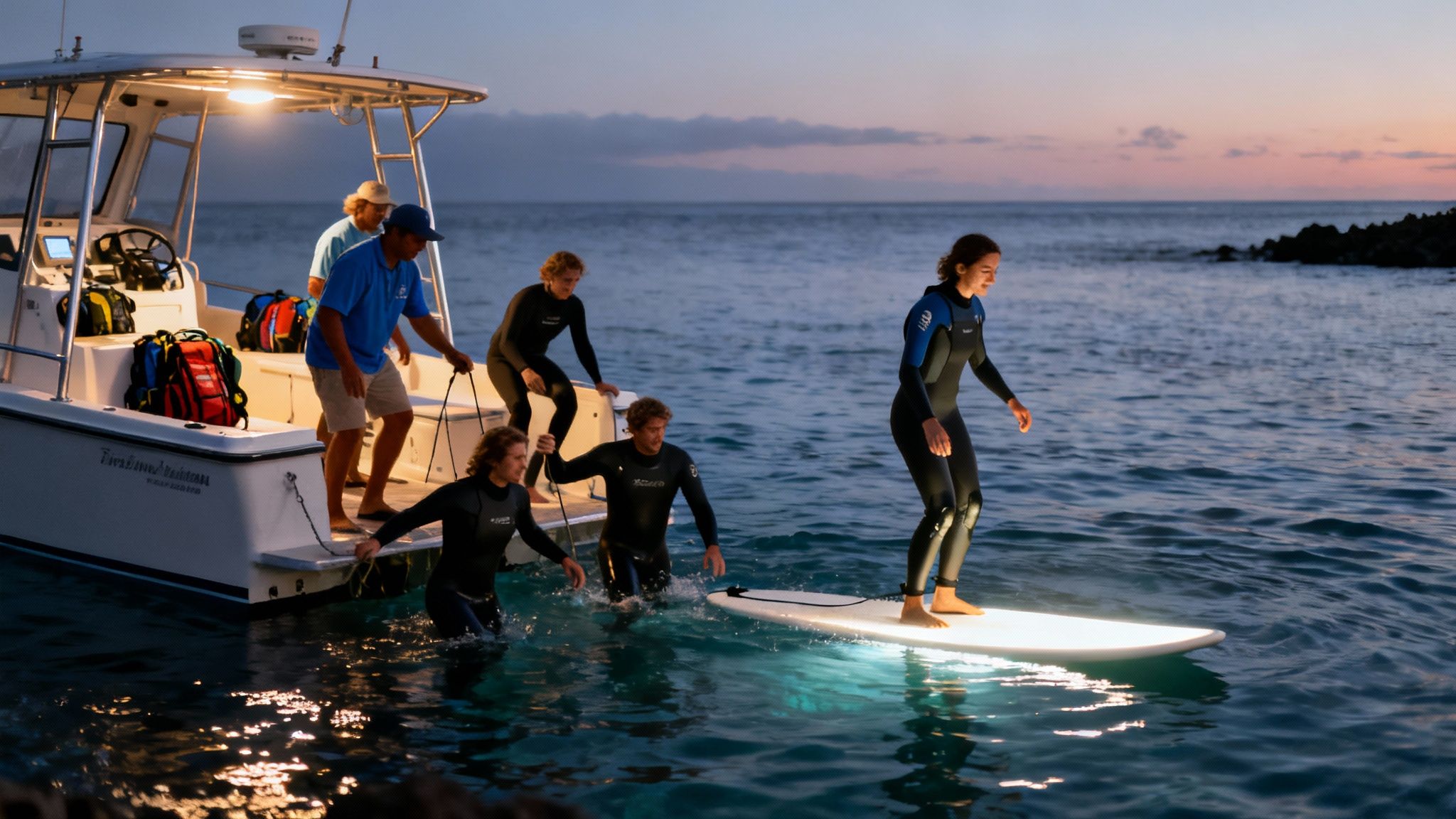 People in wetsuits get off a boat into the ocean at night, one on a glowing surfboard.