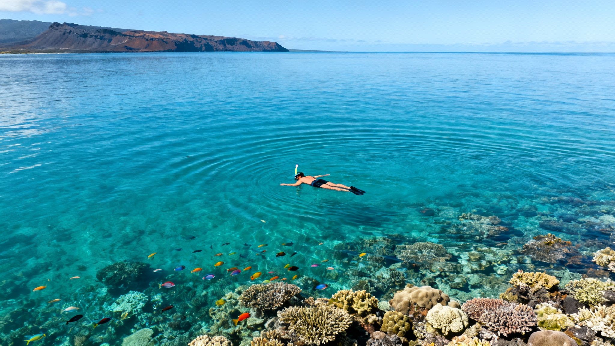 A person snorkeling above a vibrant coral reef teeming with colorful fish near a tropical island.