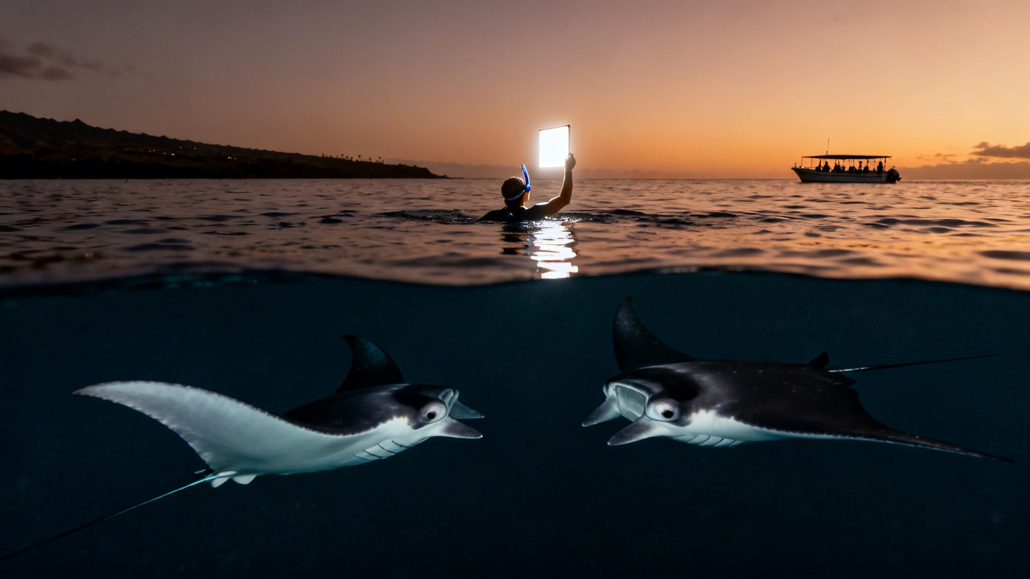 A split-level view of a person snorkeling with a light board at sunset and two manta rays underwater.