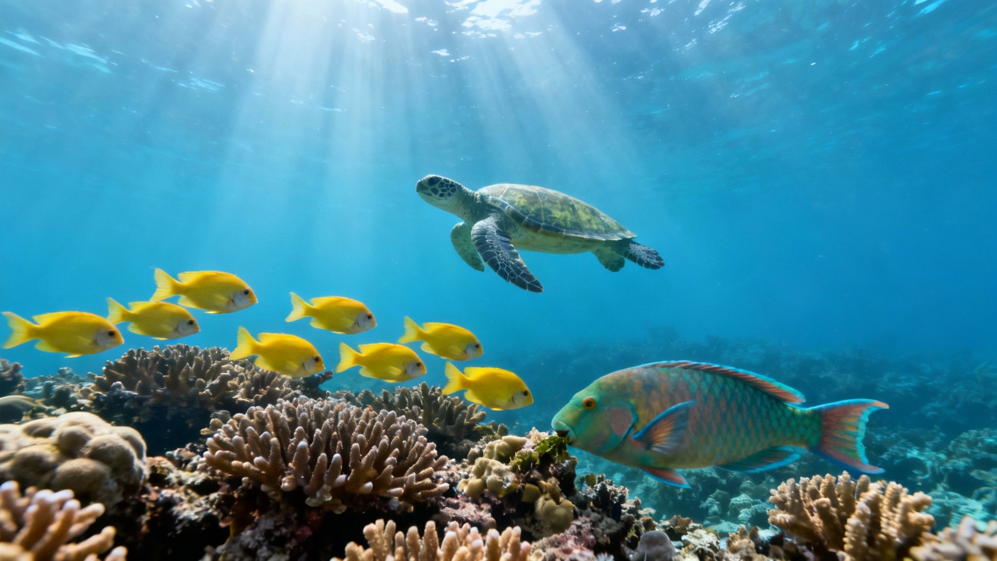 An underwater photo of vibrant tropical fish swimming above a healthy coral reef.
