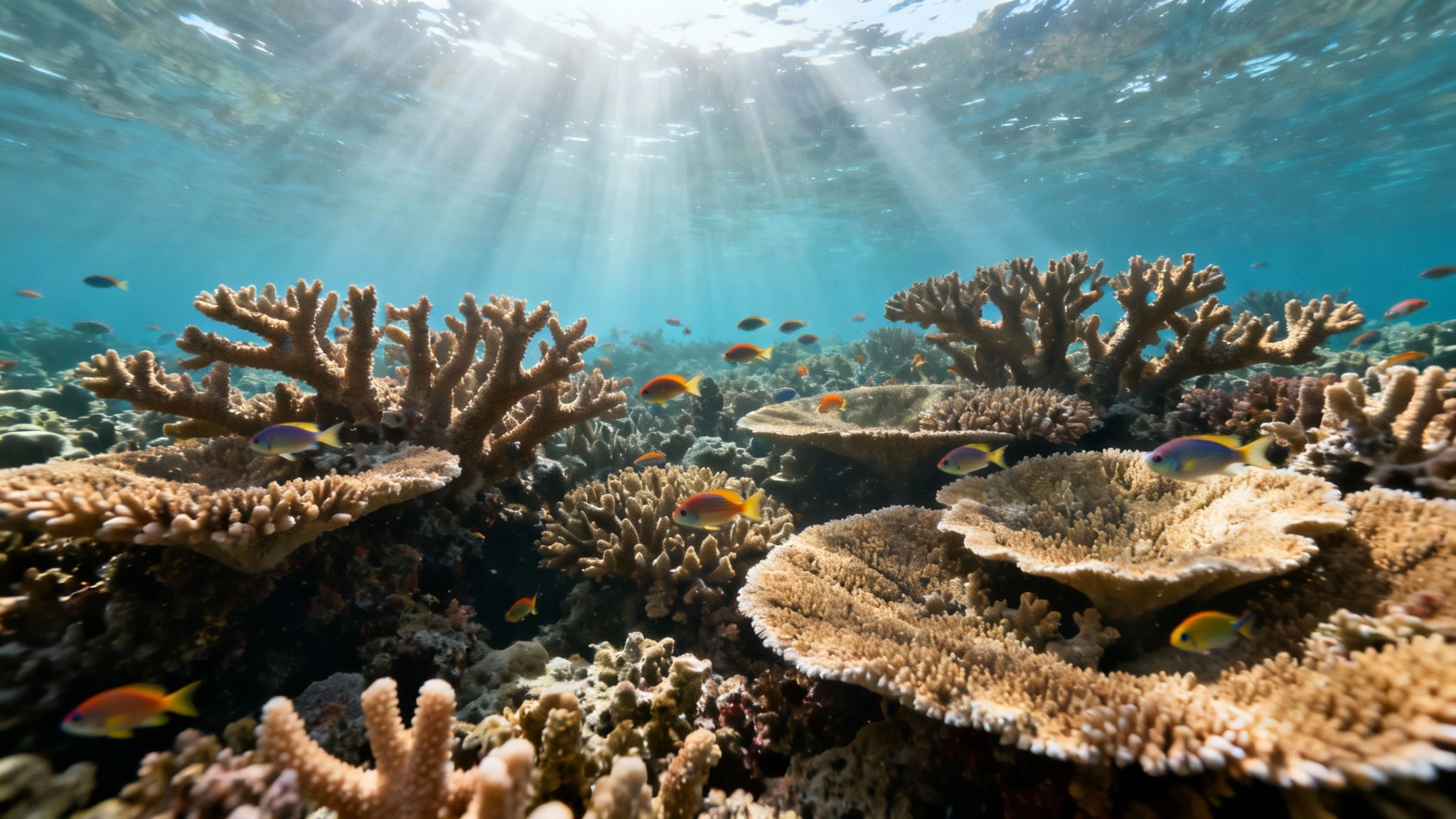 Vibrant coral reef with schooling fish in clear blue water, sun rays beaming from above.