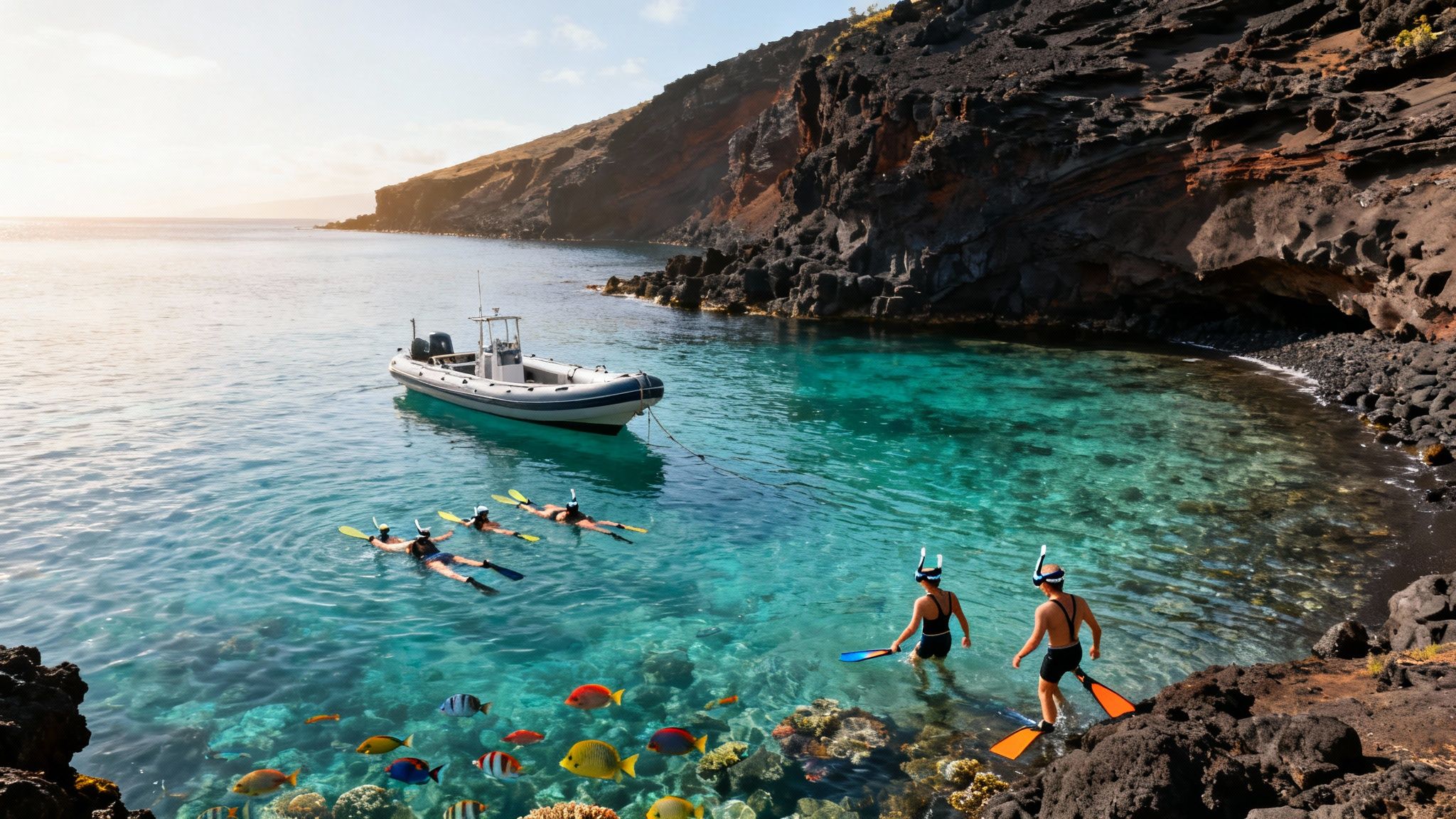 People snorkeling in clear turquoise water with a boat, black cliffs, and colorful fish.