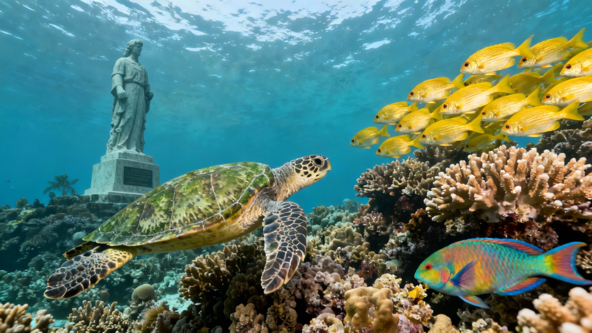 An underwater statue, a sea turtle, a school of yellow fish, and a colorful parrotfish swim over a vibrant coral reef.