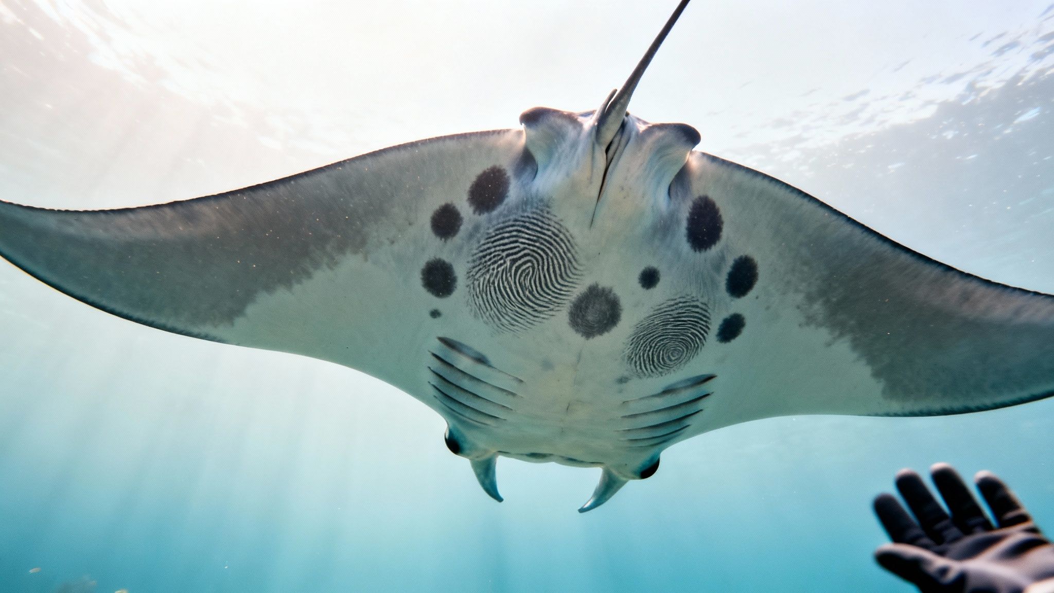 A majestic manta ray swims gracefully underwater, showcasing its unique fingerprint-like patterns on its white belly.