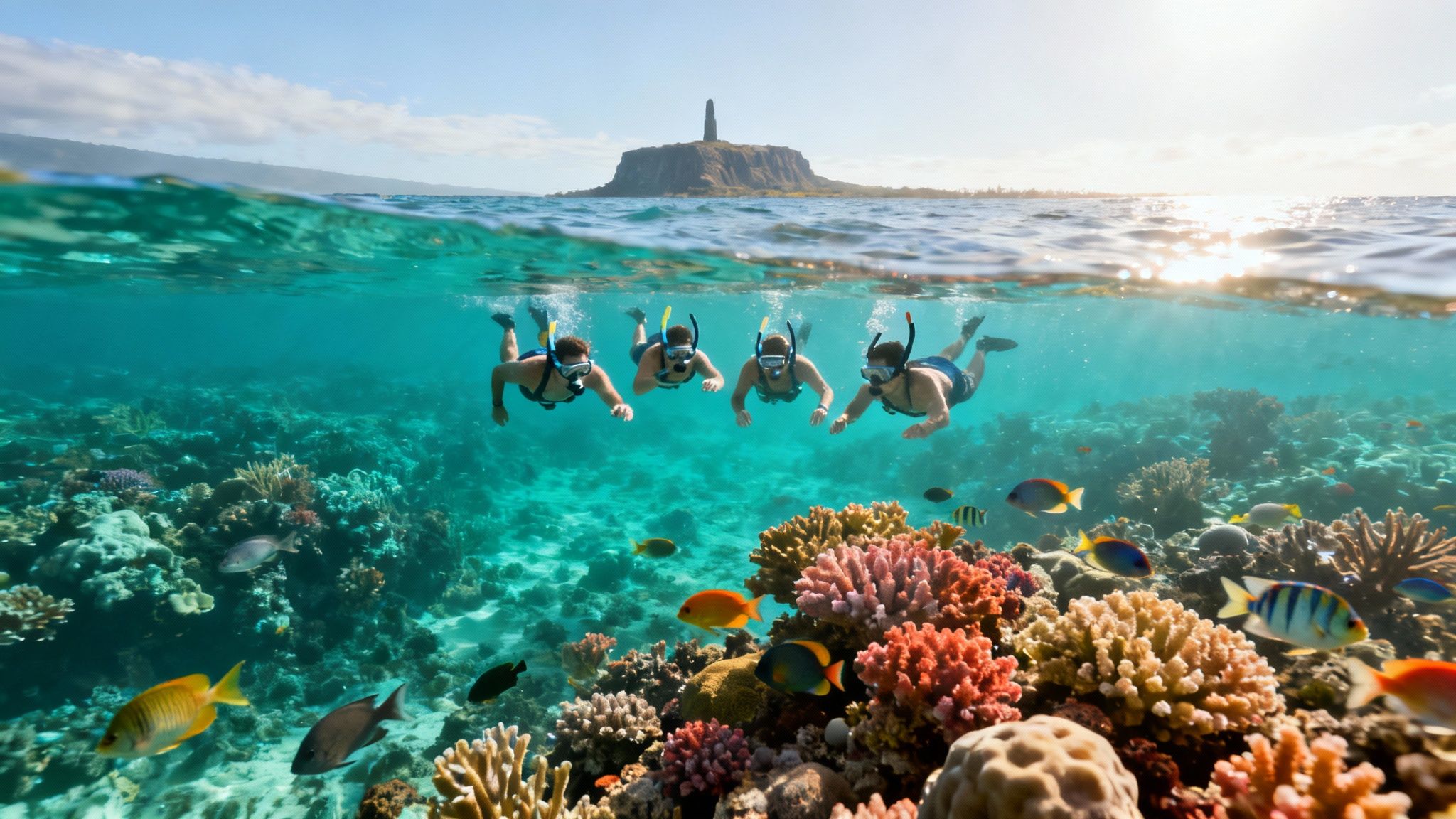 Four men snorkel over vibrant coral reefs teeming with colorful fish, with an island and lighthouse above.
