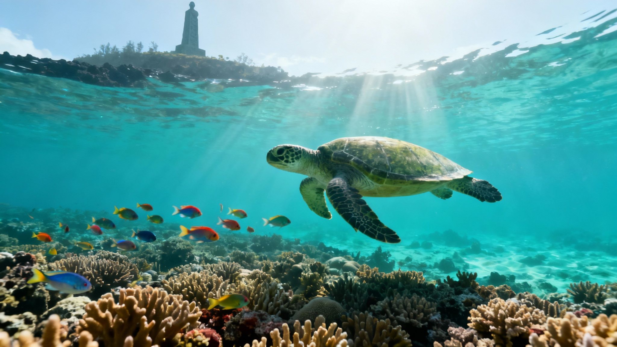 Sea turtle swimming over vibrant coral reef with tropical fish near Captain Cook Monument