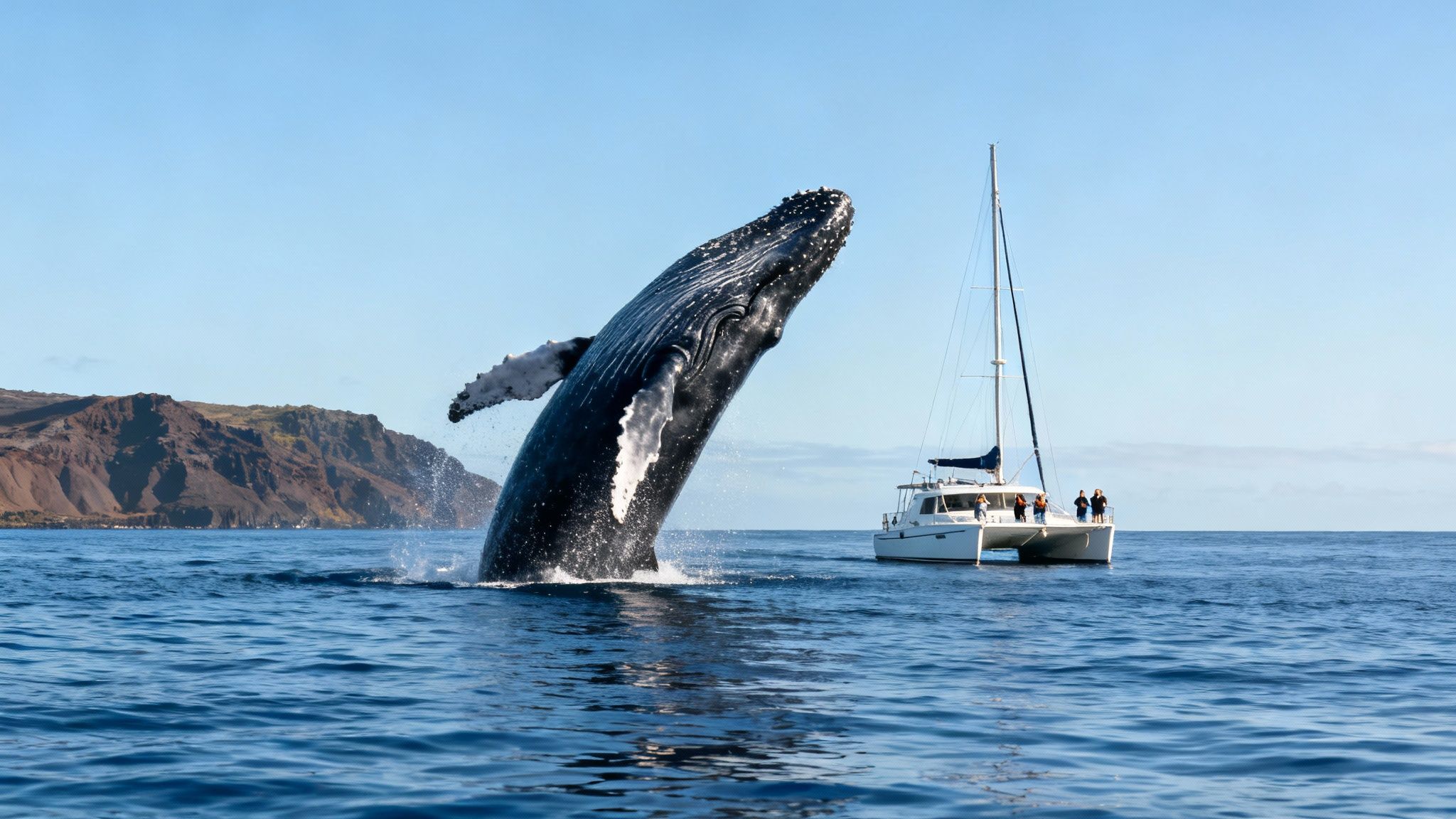A majestic humpback whale breaches high out of the ocean next to a catamaran with people on board.