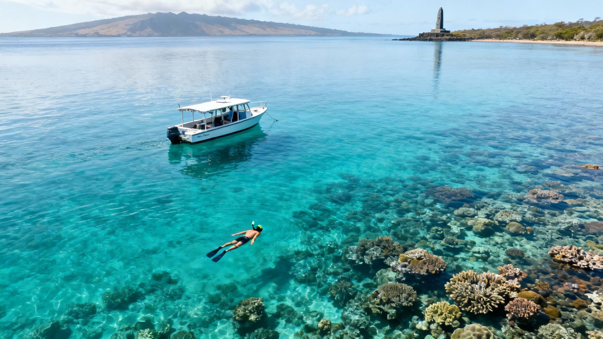 A large group of yellow tang fish swimming over a coral reef in clear blue water.