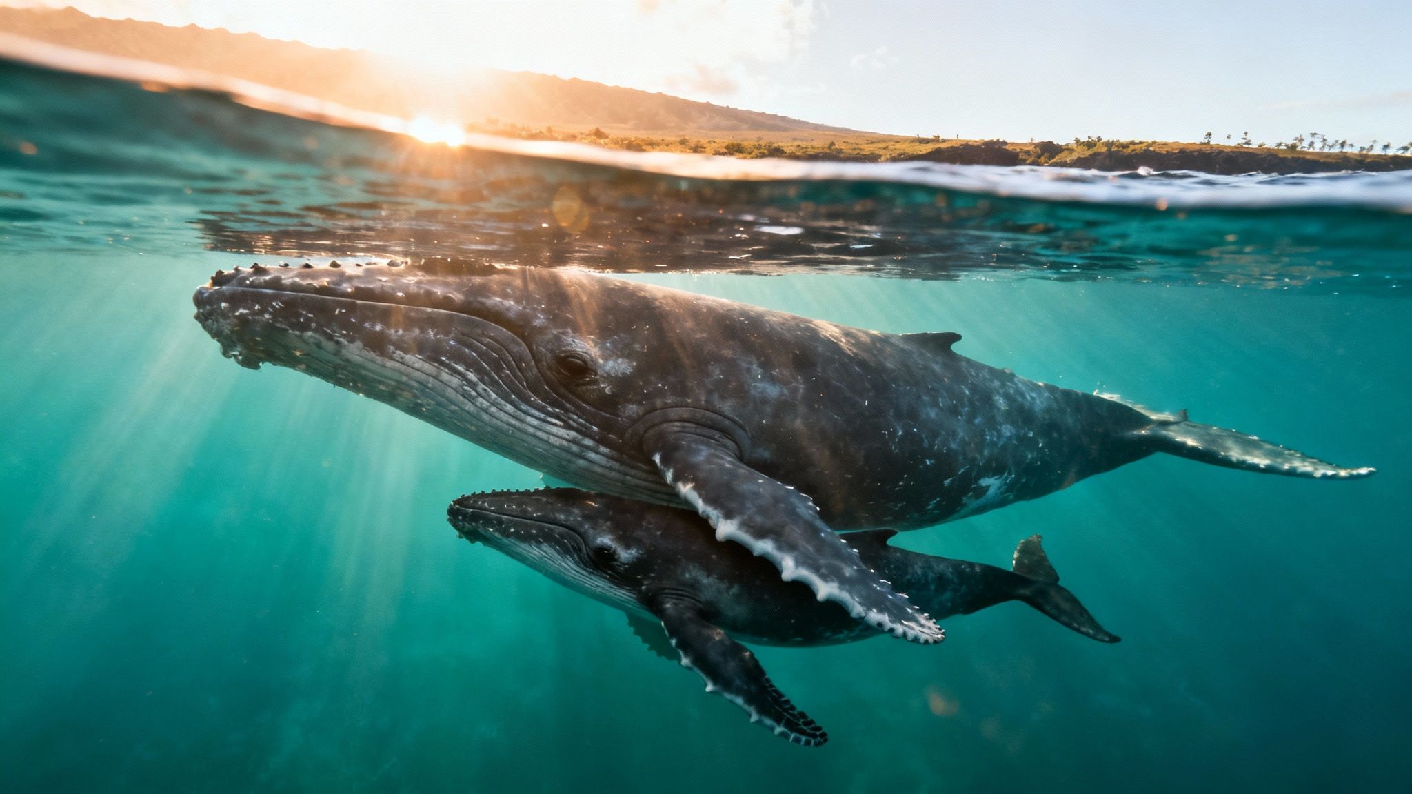 A humpback whale mother and calf swim gracefully underwater, with sunlight and an island visible above.