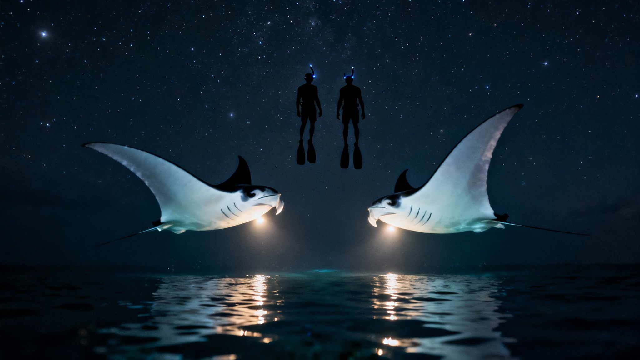 Two divers and two majestic manta rays under a starry night sky with water reflections.