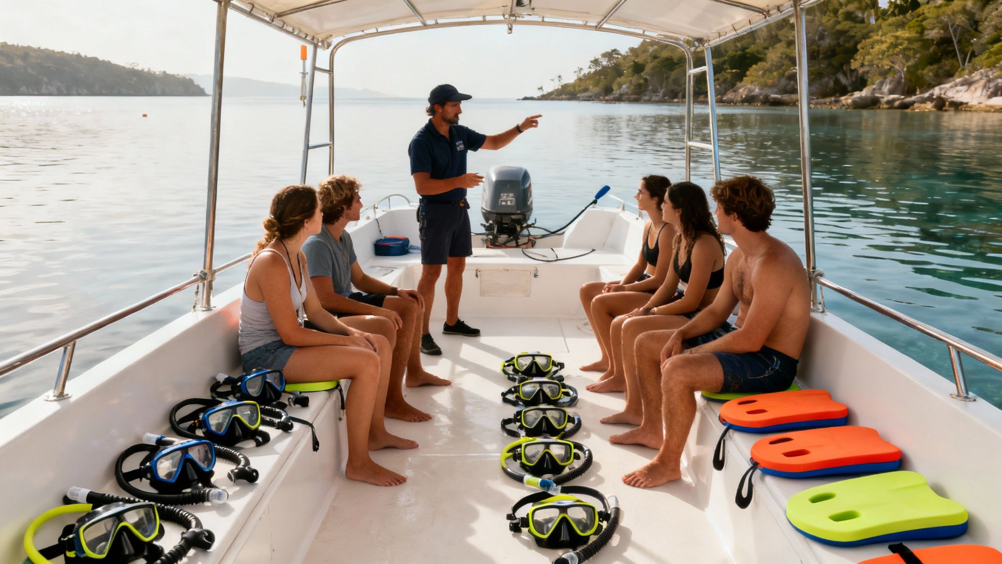Instructor on a boat giving a briefing to tourists with snorkeling gear.