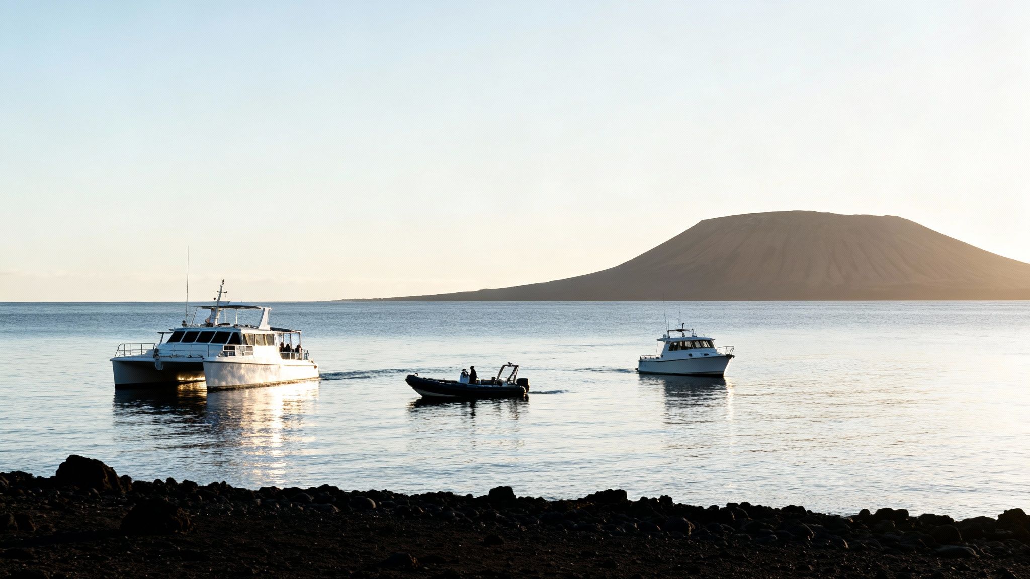 Three boats, including a catamaran, on calm water with a distant volcanic island at sunrise.