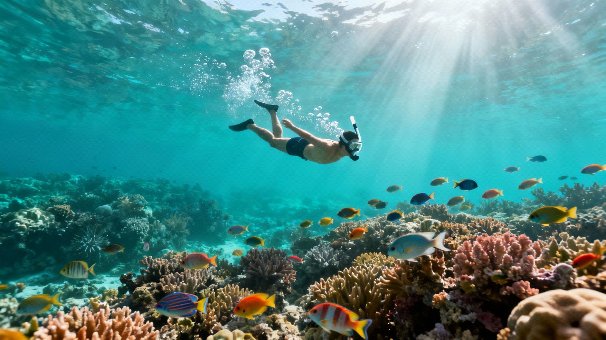 A person snorkeling over a vibrant coral reef teeming with colorful fish under sunlight.