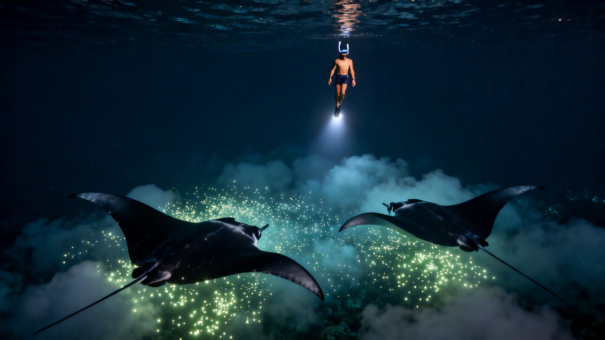 A snorkeler shines a light on two giant manta rays and bioluminescent plankton underwater at night.