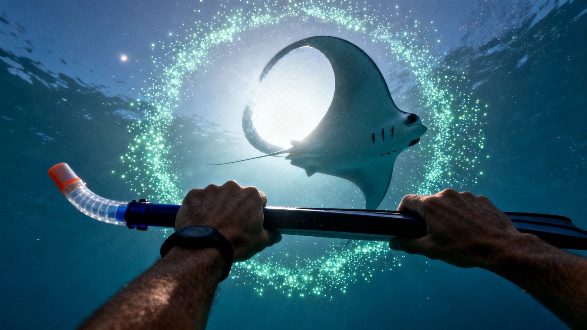 POV shot of a person snorkeling with a majestic manta ray encircled by glowing particles underwater.