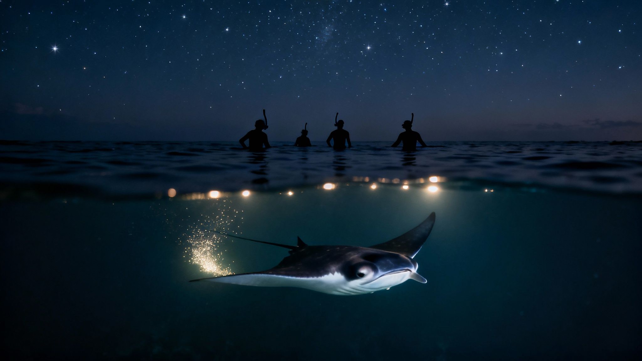 Snorkelers at night observing a bioluminescent manta ray under a star-filled sky.