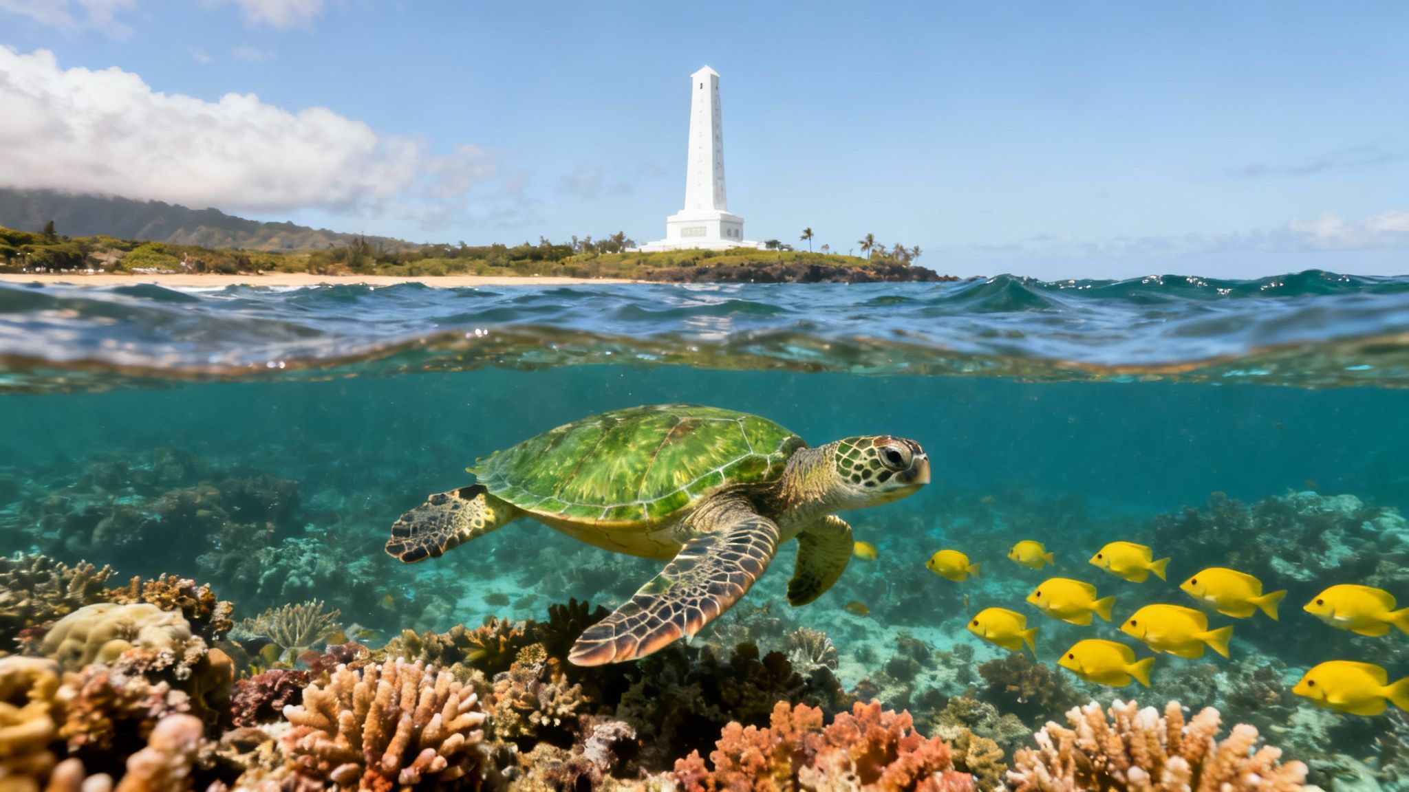 Split-level view of a green sea turtle swimming with yellow fish near a coral reef and a lighthouse.
