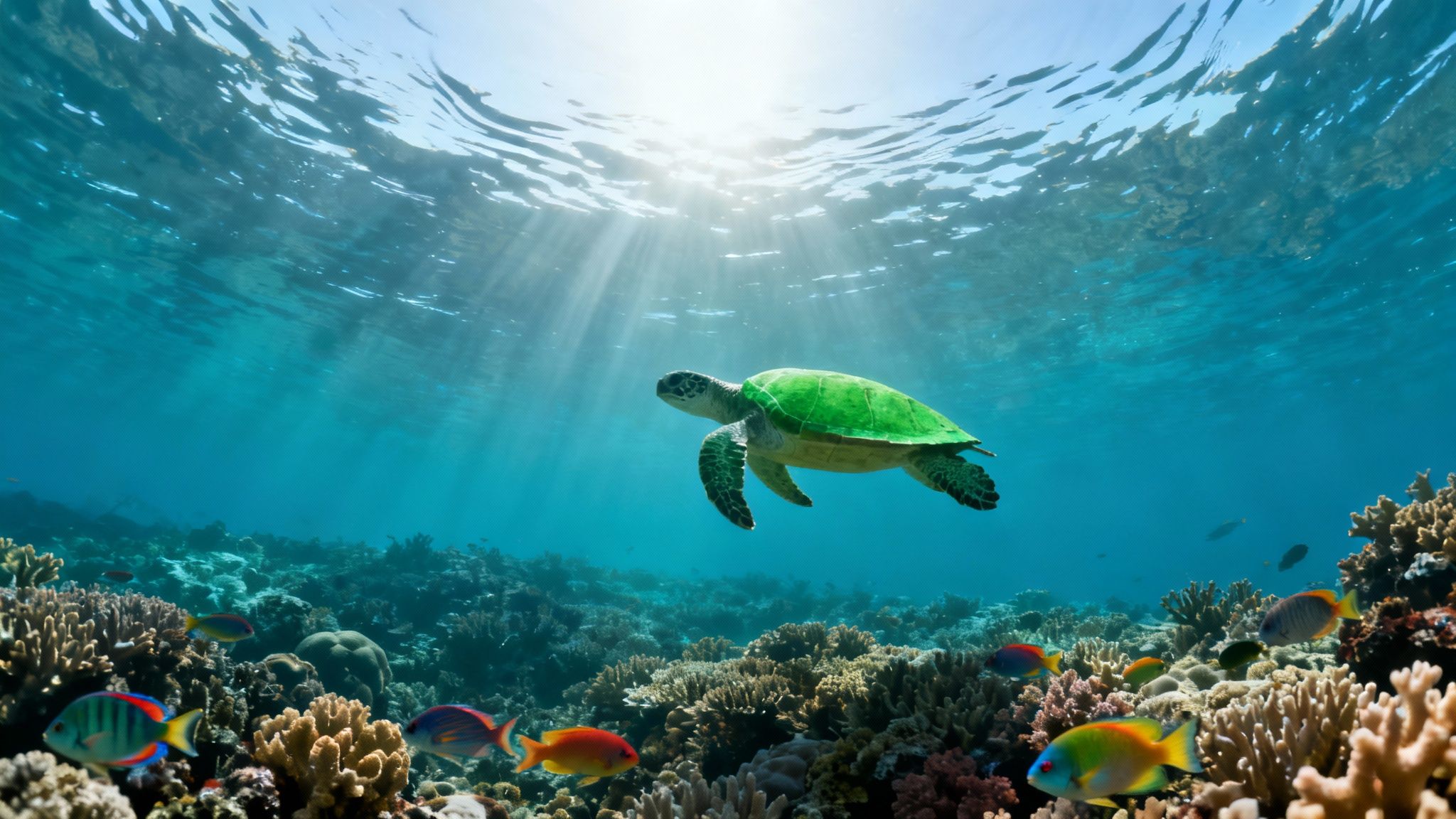 A green sea turtle gracefully swims above a vibrant coral reef with tropical fish and sun rays.