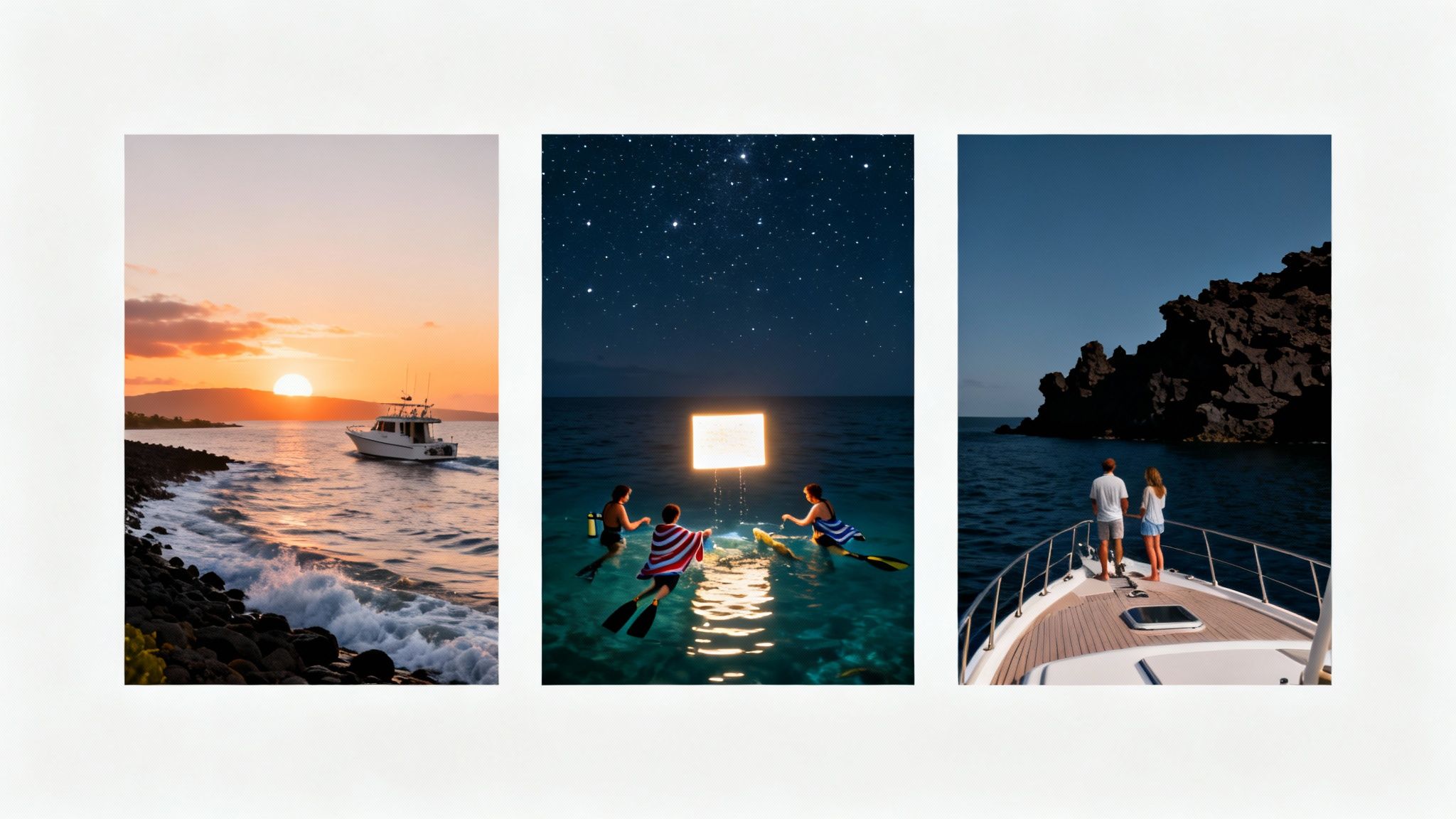 Three distinct marine scenes: a boat at sunset, night snorkeling under stars, and a couple on a boat near an island.