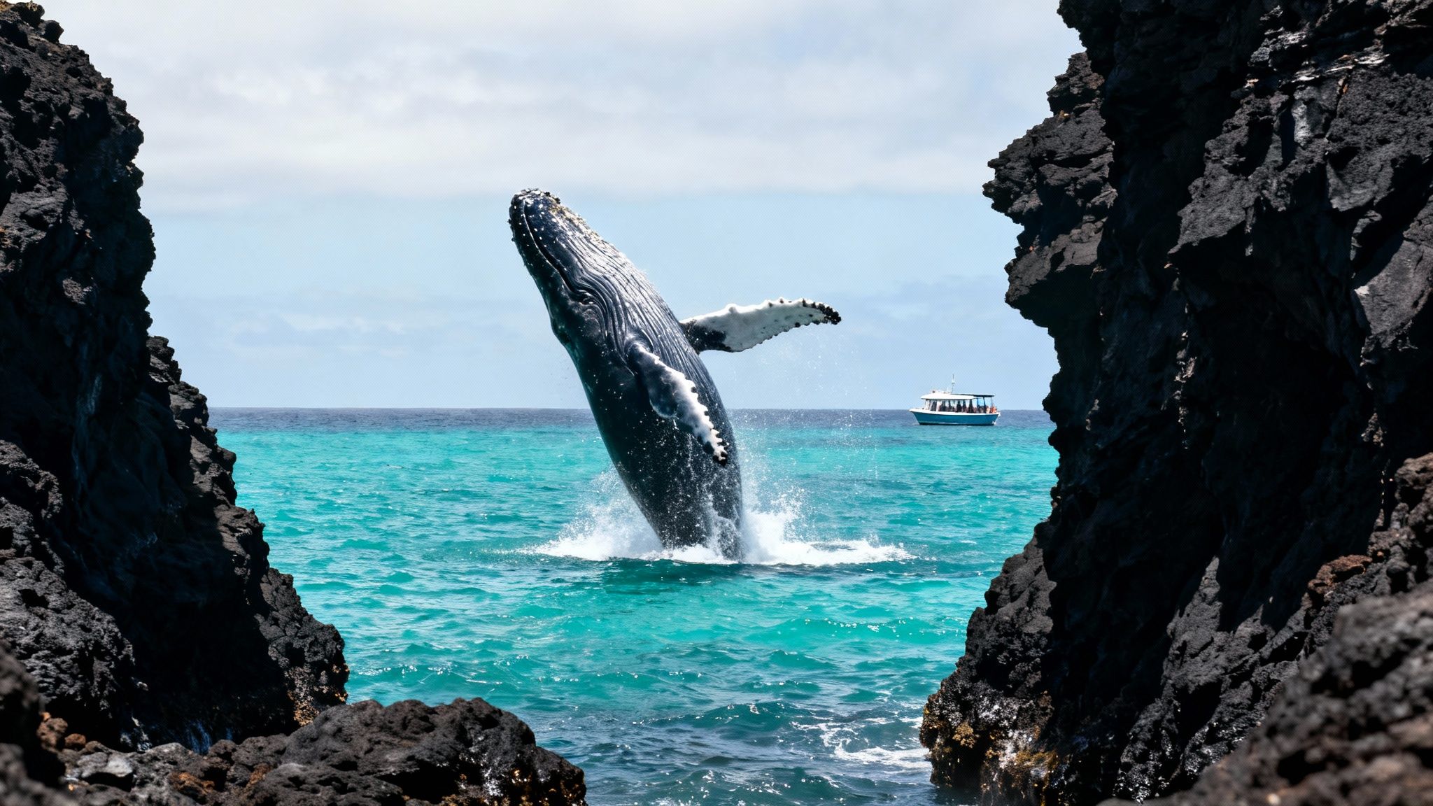 A magnificent humpback whale breaches high out of vibrant turquoise ocean water between dark volcanic rocks.