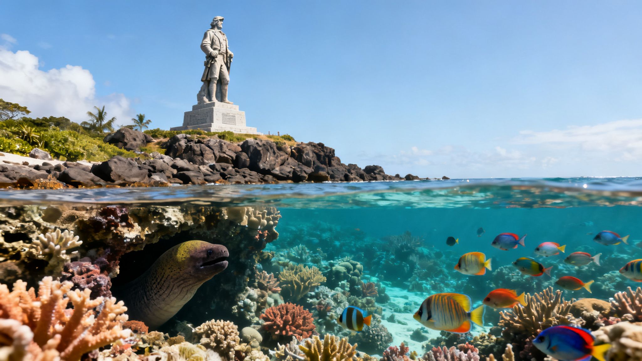Split shot: Captain Cook statue on an island shore, vibrant coral reef with fish and a moray eel underwater.