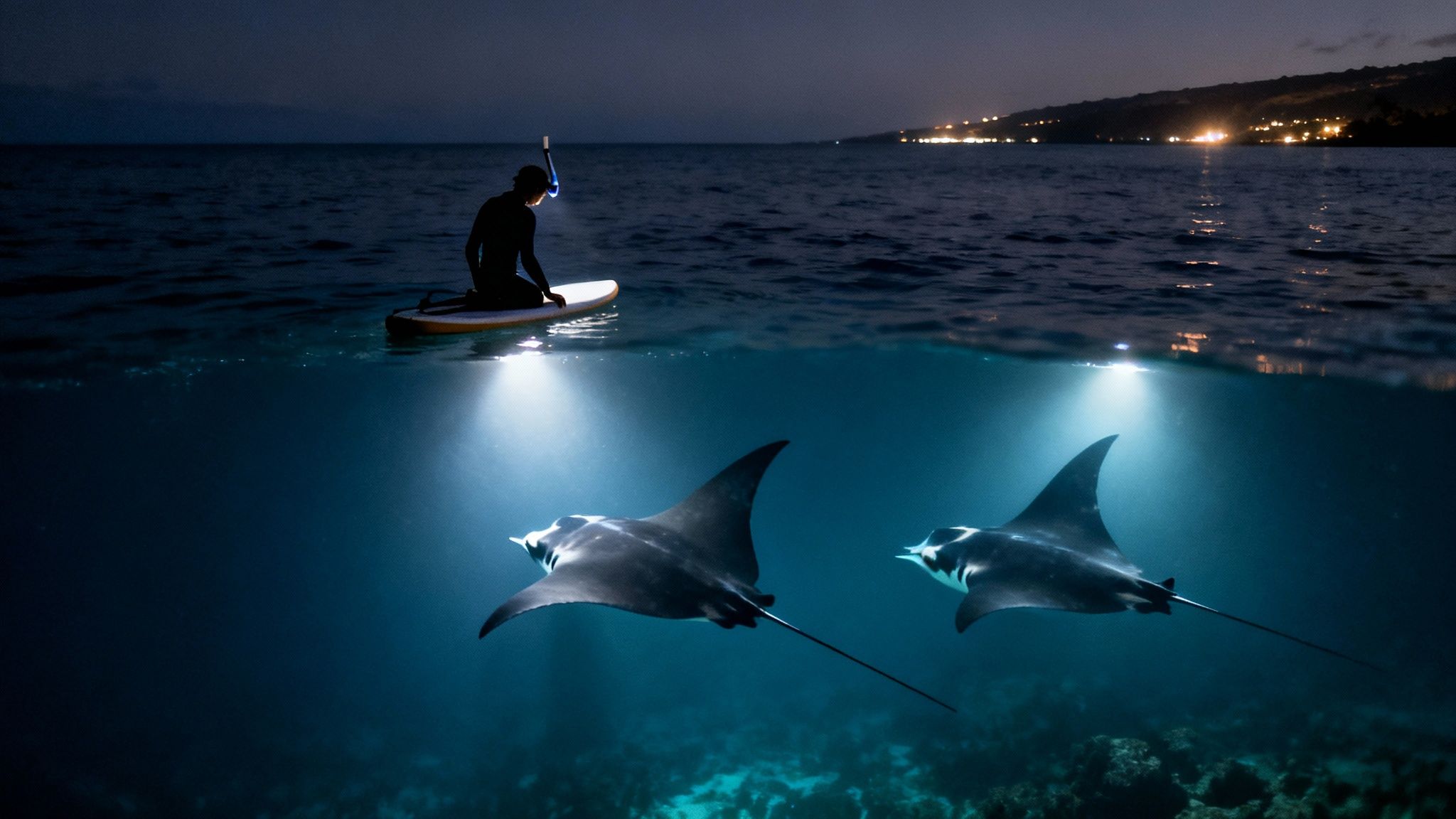 Person on paddleboard night snorkeling, illuminating two giant manta rays swimming underwater.