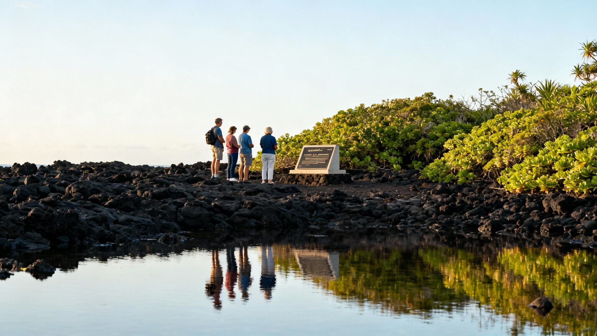 Four people on black lava rocks look at a memorial by a reflective pool at sunset.
