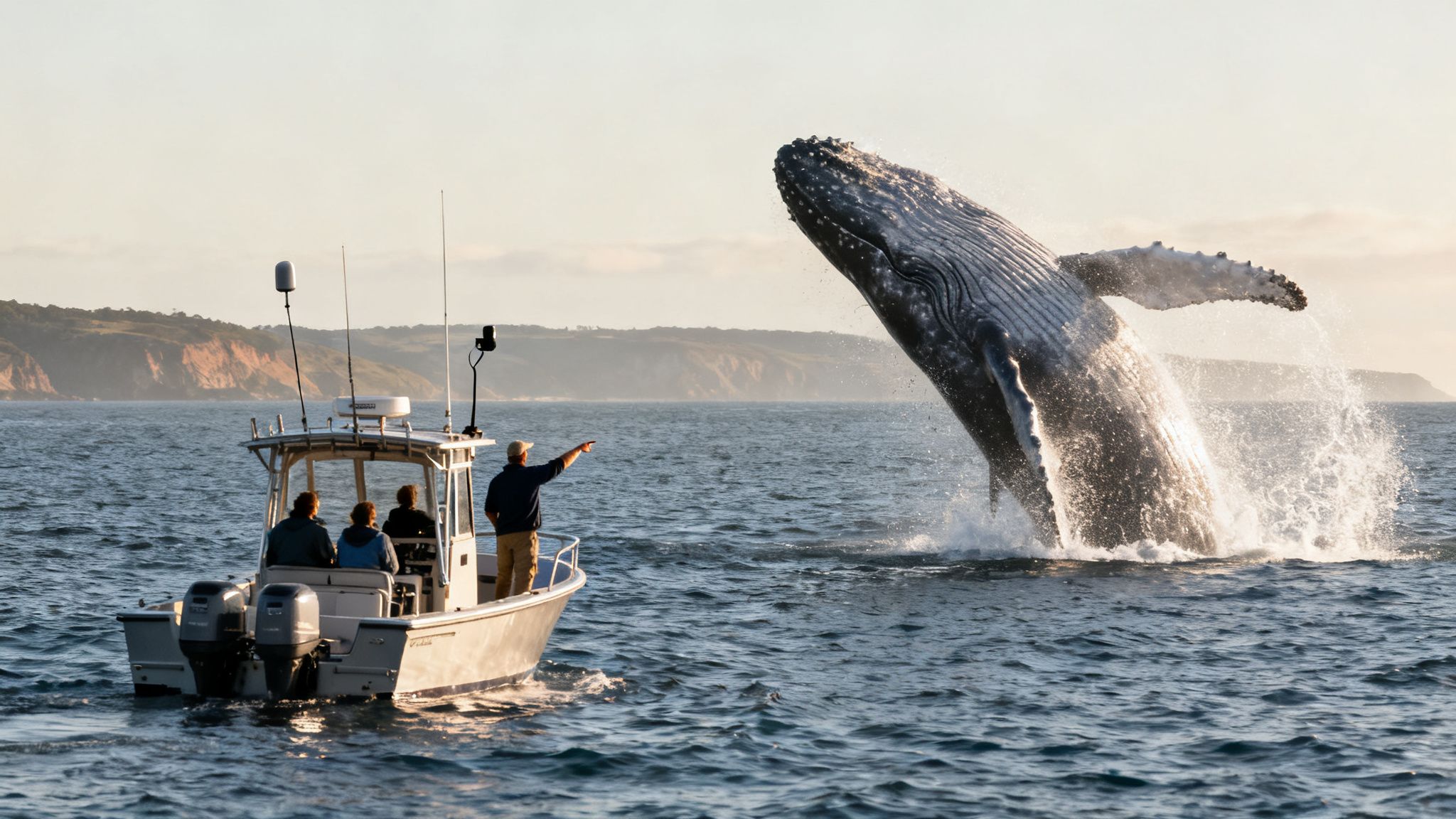 An incredible shot of a humpback whale breaching next to a tour boat with amazed onlookers.