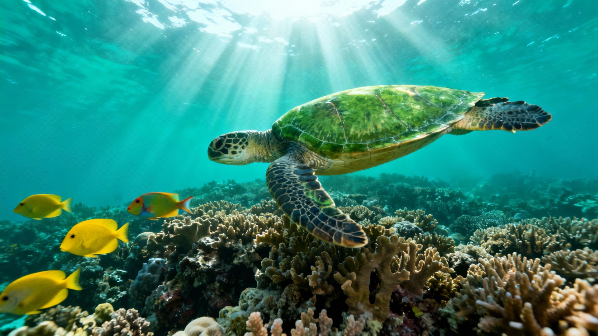 A majestic green sea turtle swims gracefully over a vibrant coral reef, with schools of fish and sunrays.