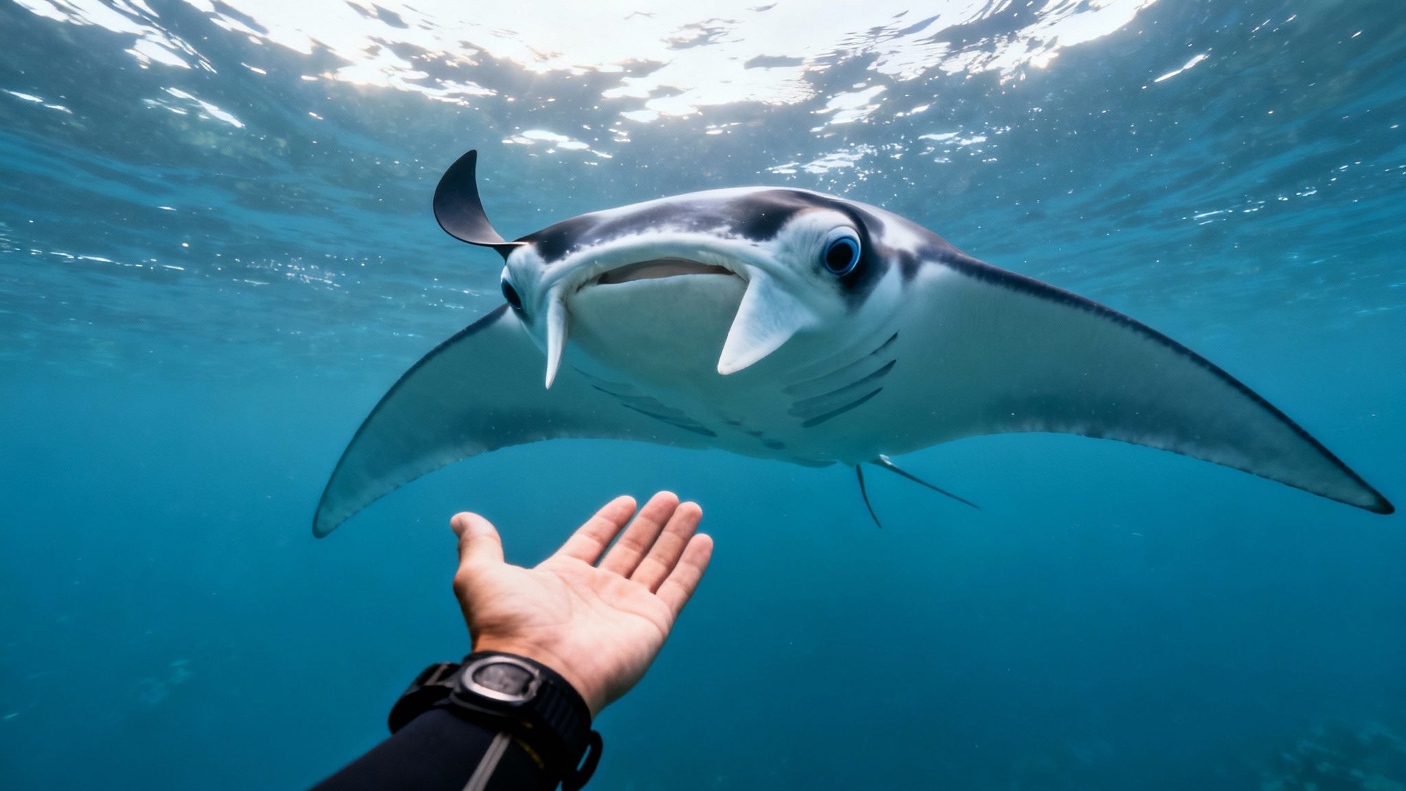 A diver's hand reaches out towards a majestic manta ray swimming gracefully underwater.
