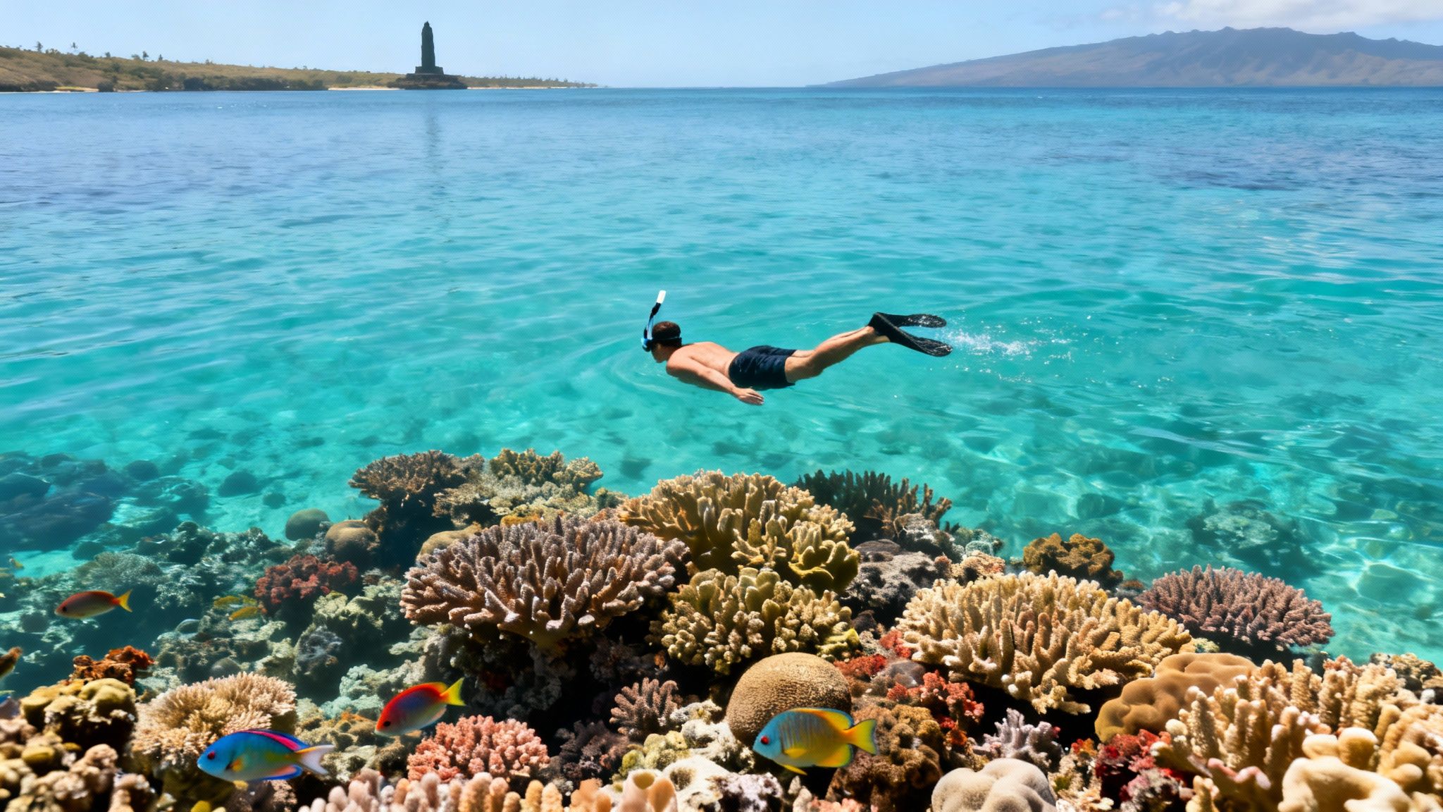 A person snorkeling over a vibrant coral reef with colorful fish in clear blue tropical water.