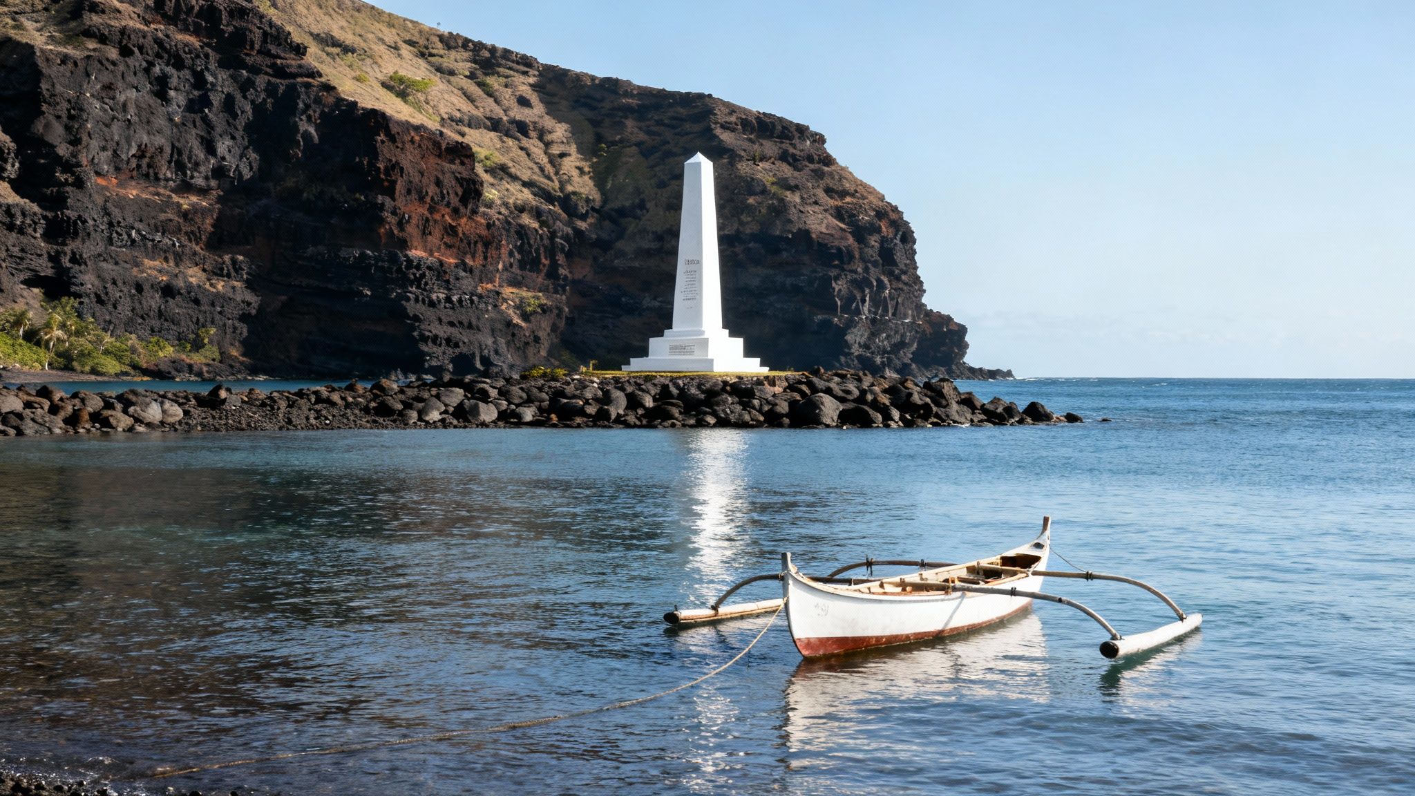 View of the Captain Cook Monument from the water in Kealakekua Bay