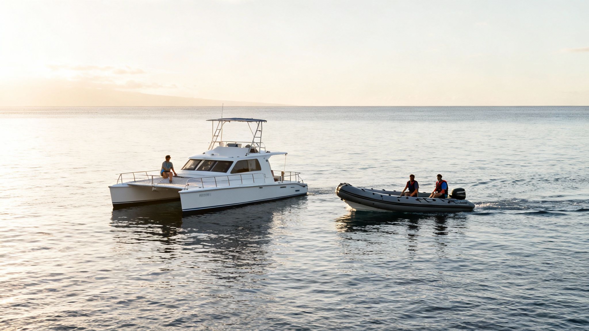 Catamaran and inflatable boat on calm ocean water with people, at sunset.