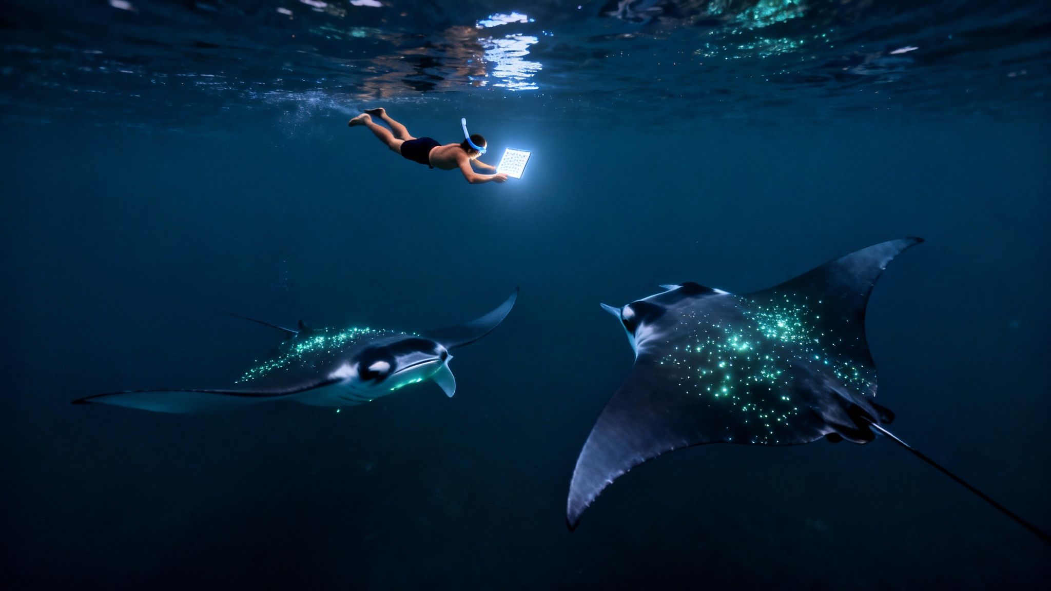 A person snorkeling underwater with a glowing light, illuminating two majestic manta rays with bioluminescent spots.