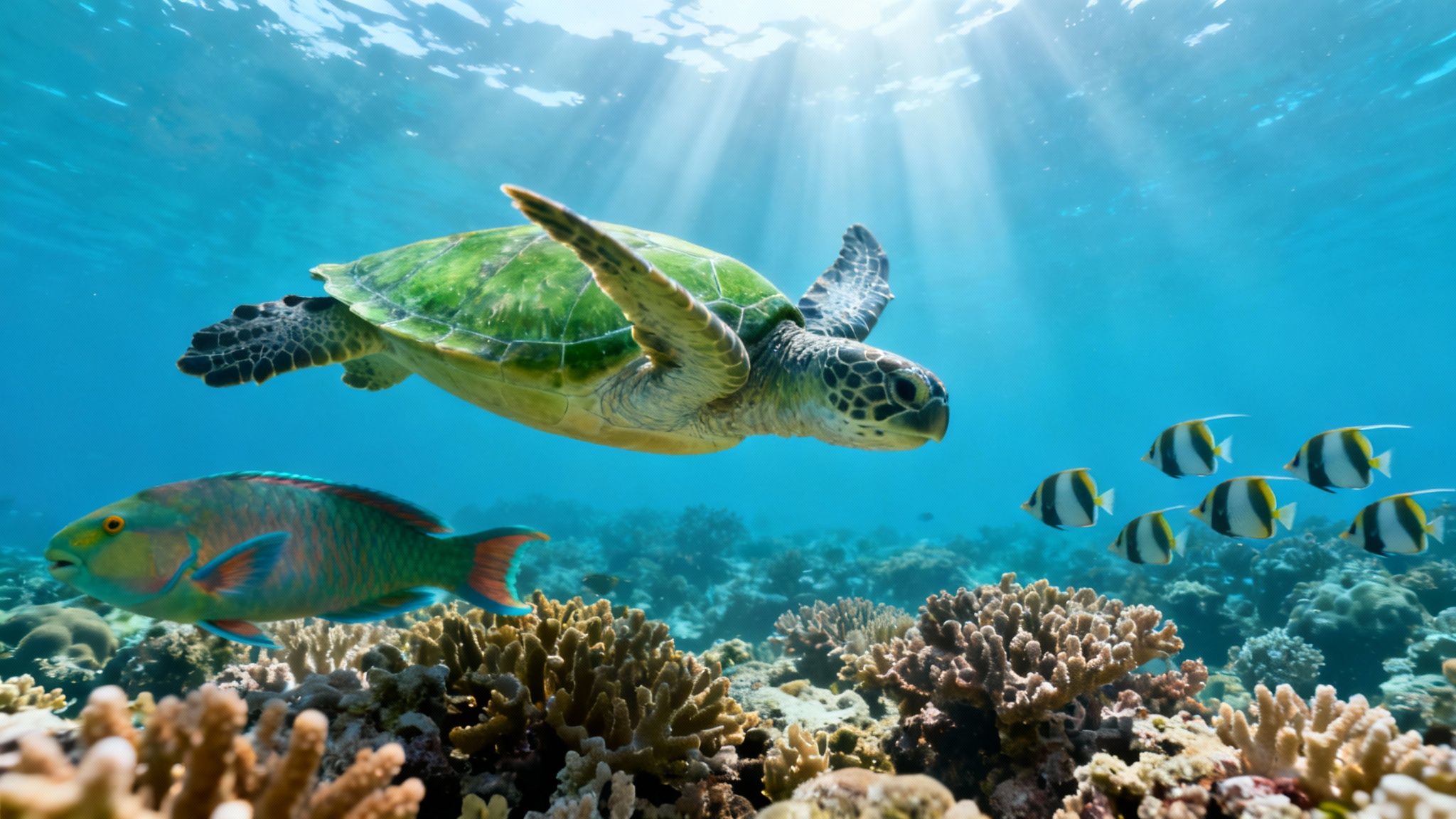 Sea turtle swimming over coral reef with tropical fish in crystal clear blue ocean water