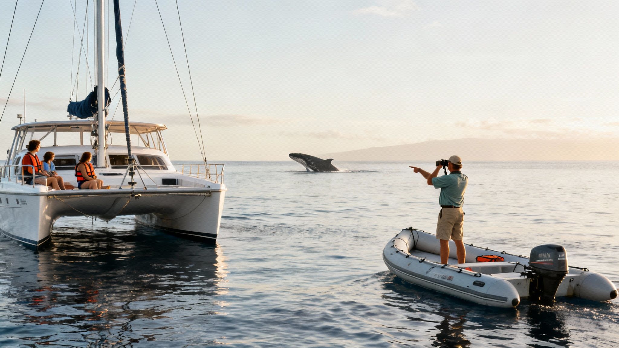 Guide photographing breaching humpback whale from inflatable boat near catamaran with tourists observing wildlife