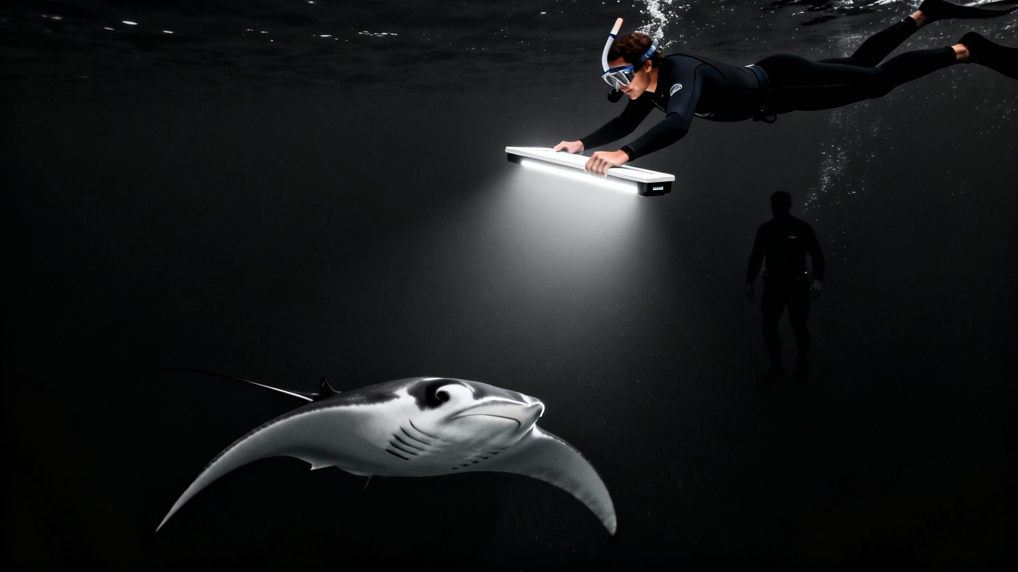A snorkeler shines a bright underwater light on a majestic manta ray in dark ocean.