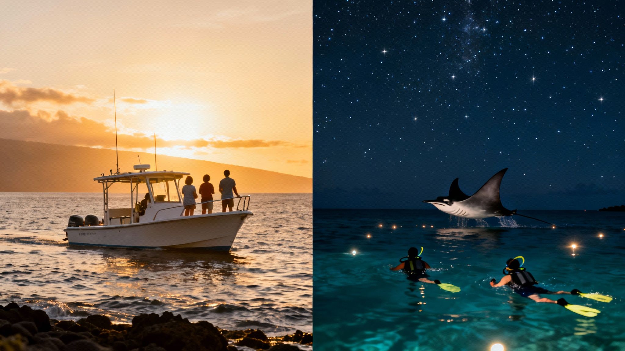 Two scenes: a boat with people at sunset and night snorkeling with a manta ray under a starry sky.